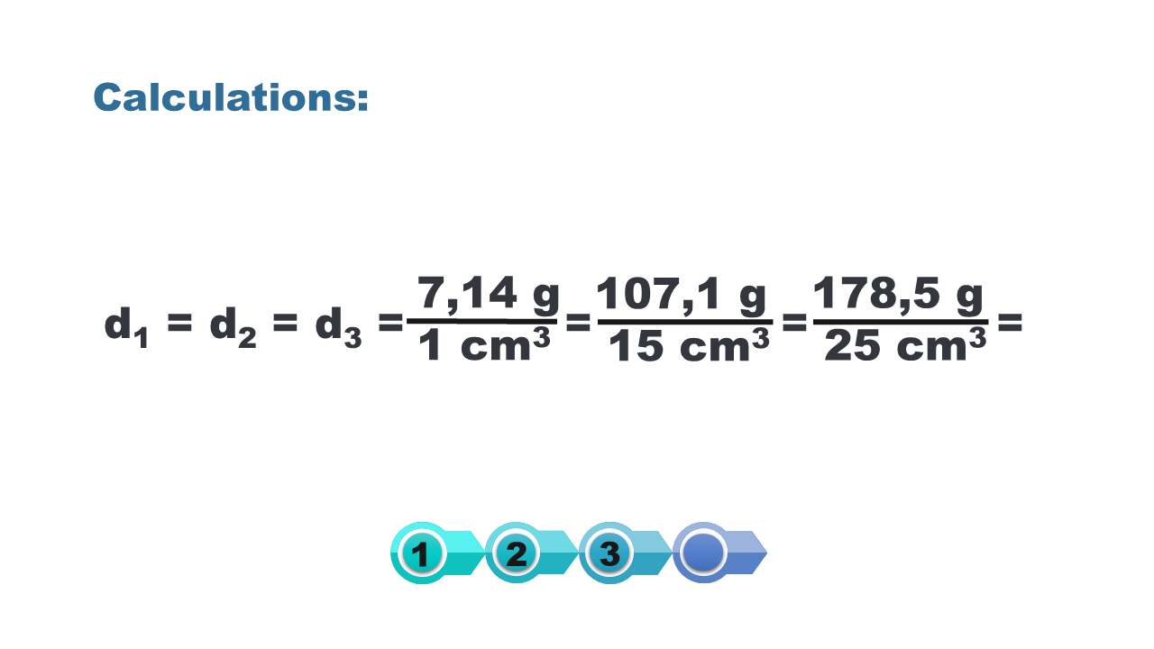 Grafika przedstawia kalkulację, gdzie pod elementy składowe wzoru do obliczenia gęstości podstawiono podane wcześniej, znane dane liczbowe.