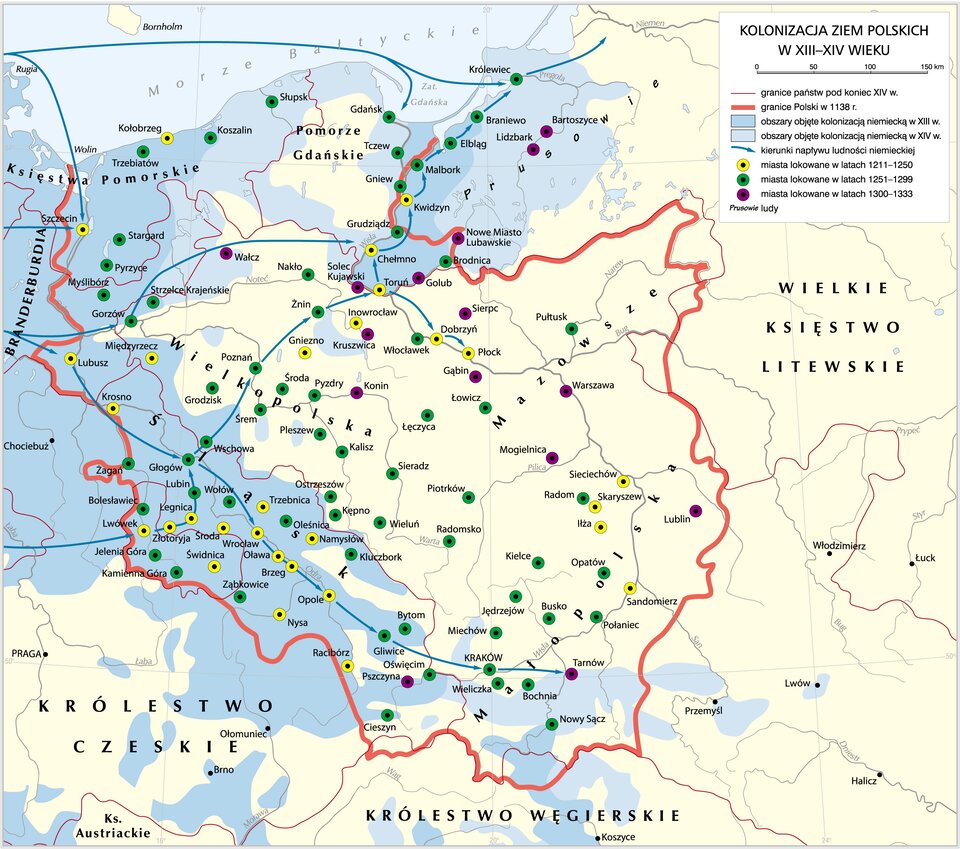 Kolonizacja ziem polskich w XIII–XIV wieku Źródło: Krystian Chariza i zespół, Kolonizacja ziem polskich w XIII–XIV wieku, licencja: CC BY 3.0.