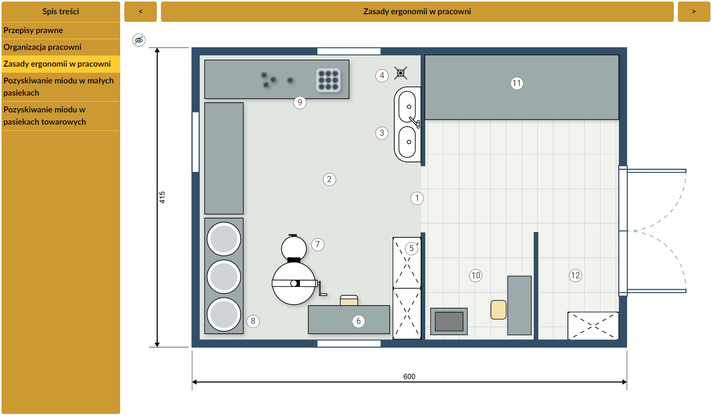 Widok ogólny trybu planszy interaktywnej. W lewej kolumnie koloru żółtego znajdują się zakładki prowadzące do poszczególnych opisów. W kolumnie po prawej widoczny jest wyświetlany element. Na środku znajduje się rysunek pracowni pszczelarskiej. Jest to rzut z góry. Widoczne są granatowe linie oznaczające ściany budynku. Poszczególne elementy pracowni narysowane są jako koła i prostokąty w różnych odcieniach szarości. Oznaczone są dwunastoma cyframi w białych kółkach.