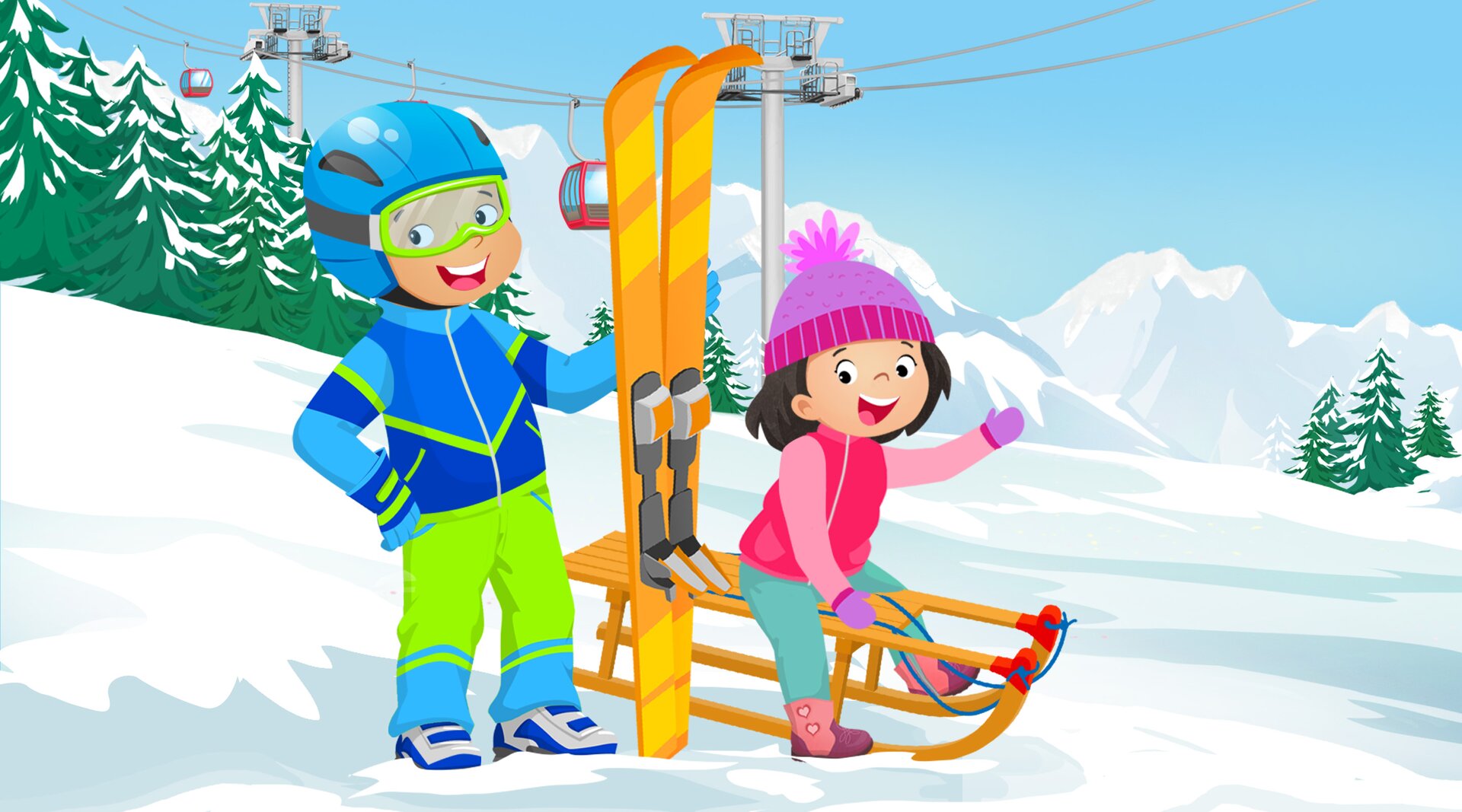Ilustracja przedstawia Bena i Klarę, którzy znajdują się na stoku narciarskim. Ben trzyma w rękach narty, a Klara siedzi na sankach.