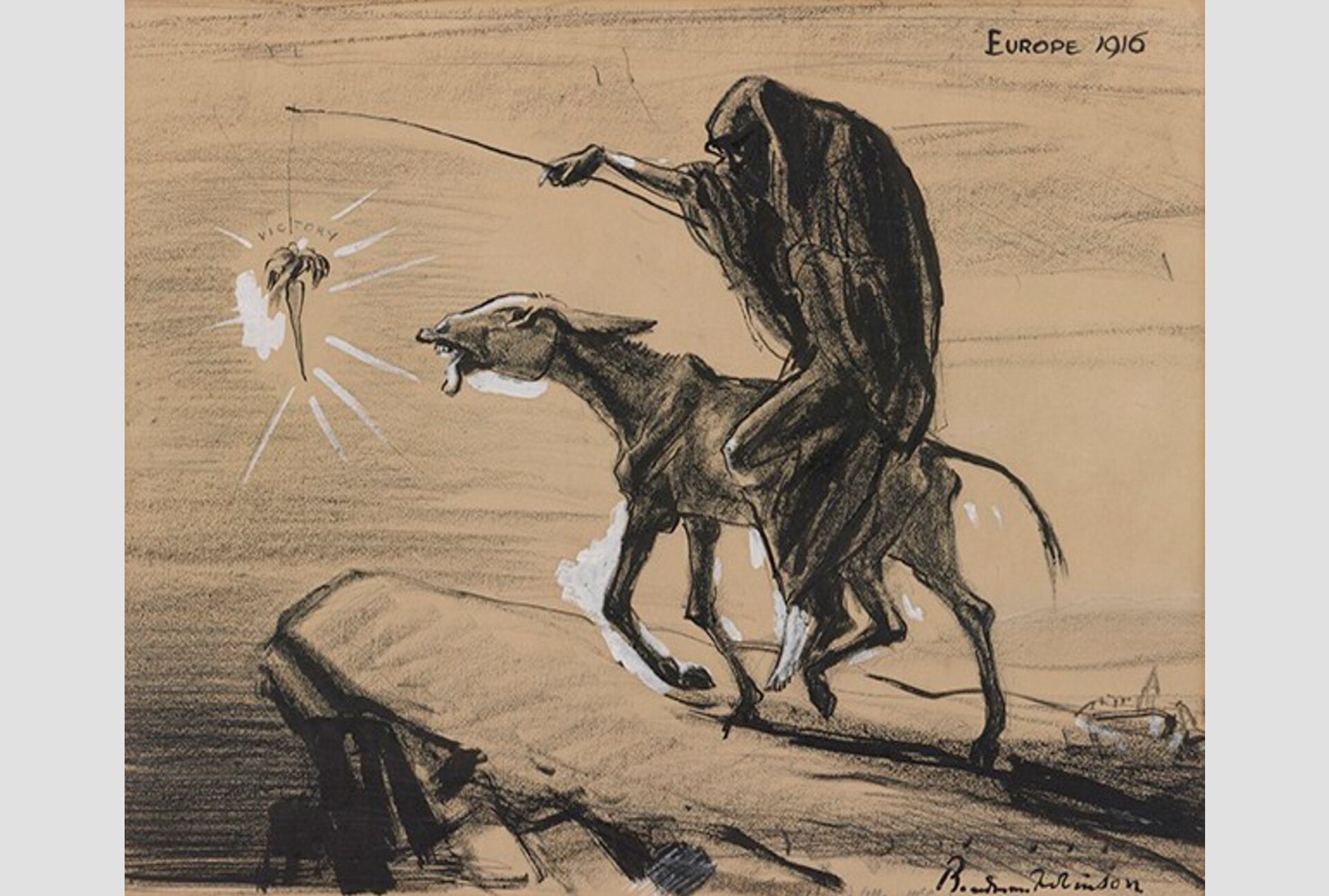 Ilustracja czarno-biała przedstawia zamaskowaną postać siedzącą na ośle. Postać trzyma w ręku wędkę, na końcu której znajduje się marchewka. Osioł próbuje zjeść marchewkę, ale nie może jej dosięgnąć. Ilustracja przedstawia symbolicznie sytuację Europy w 1916 roku,