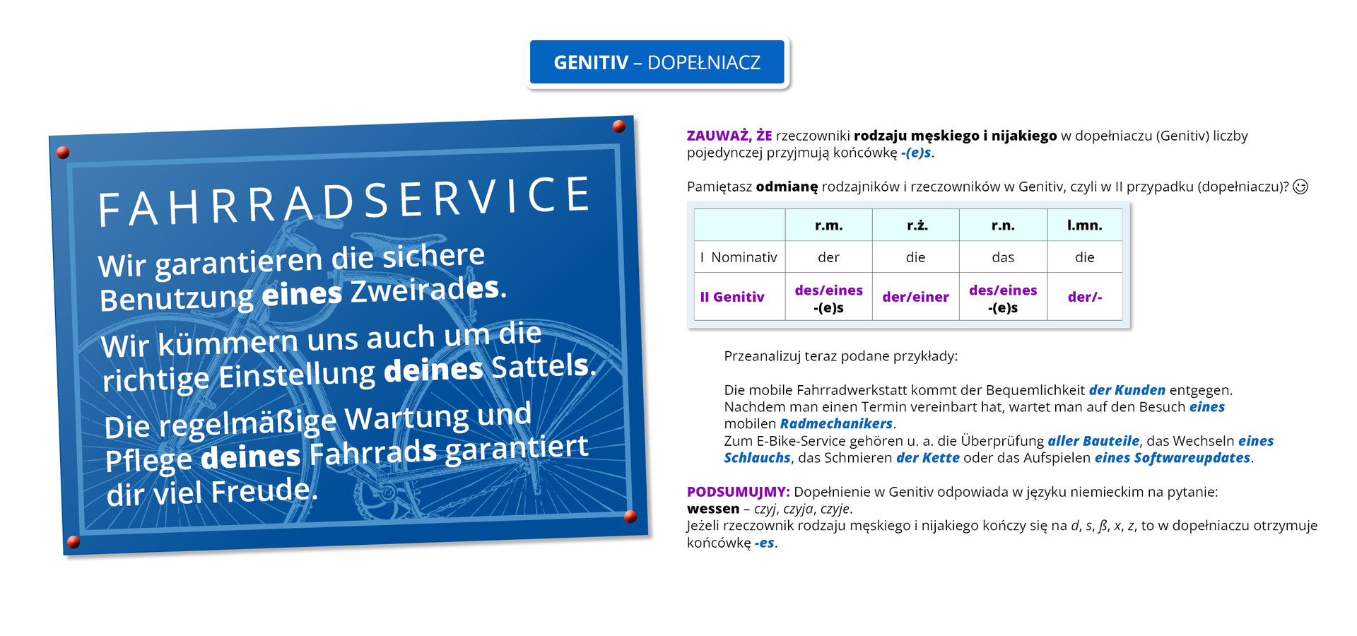 Ilustracja przedstawia poradę gramatyczną zatytułowaną   GENETIV -DOPEŁNIACZ. Pozostałą część grafiki stanowi tekst, którego treść widoczna jest w trybie dostępności.

