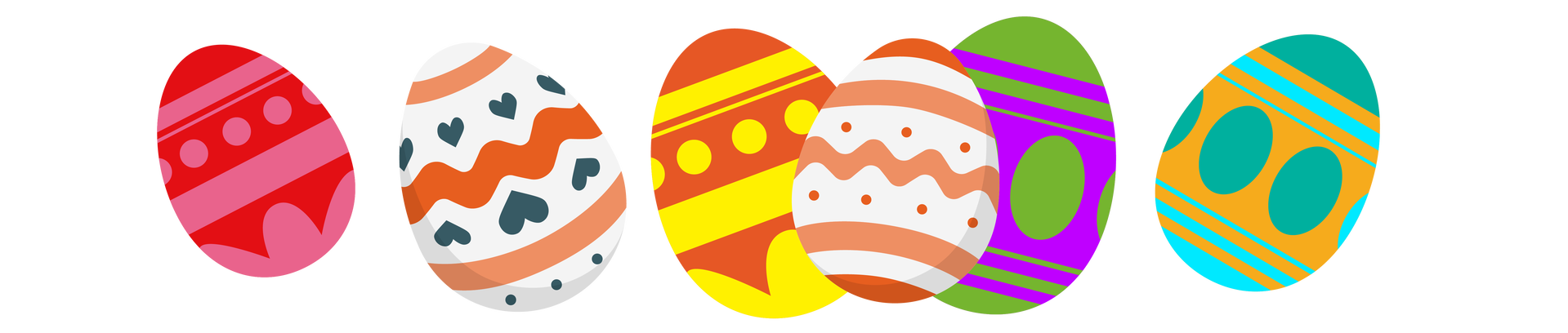 Ilustracja przedstawia sześć kolorowych pisanek. Pierwsza od lewej jest czerwona w różowe szlaczki. Druga jest biała w ciemnoszare serduszka i pomarańczowe szlaczki. Trzecia jest ciemnopomarańczowa w żółte szlaczki. Czwarta jest biała w pomarańczowe szlaczki. Piąta jest fioletowo‑zielona. Szósta jest pomarańczowo‑turkusowo‑błękitna.