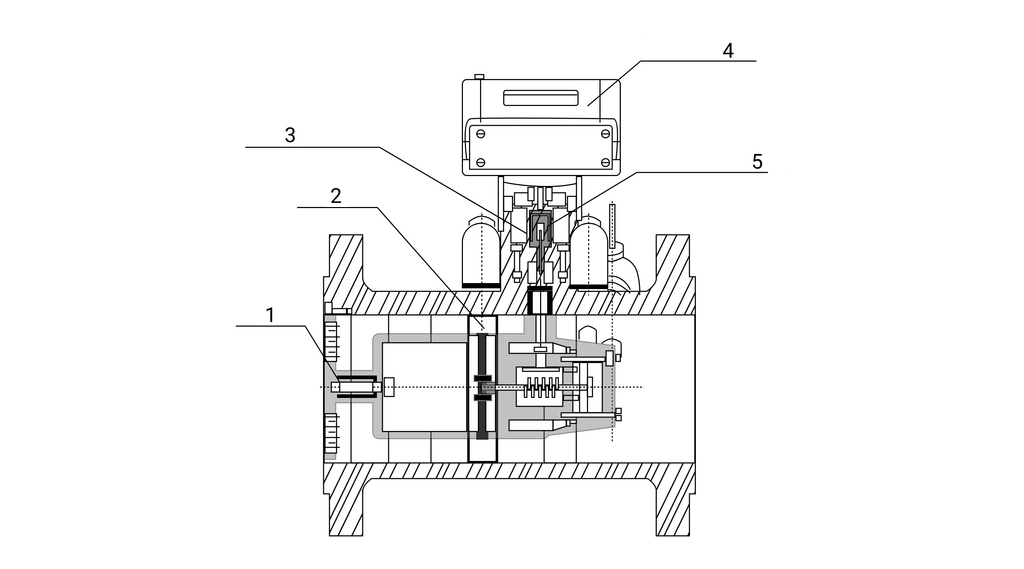 Ilustracja przedstawia schemat gazomierza turbinowego. Gazomierz turbinowy działa na zasadzie proporcjonalności prędkości obrotowej wirnika turbiny do prędkości liniowej, a więc i strumienia objętości przepływającego gazu w określonym zakresie wielkości przepływu. Gazomierz turbinowy wyglądem przypomina szpulę. Wewnątrz szpuli znajduje się mechanizm badający przepływ. Z jego lewej strony w środkowej części znajduje się kierownica oznaczona numerem 1. W centralnej części szpuli znajduje się prostokątny element oznaczony numerem 2. Jest to wirnik turbinowy. Do szpuli przyłączona jest szyjka, w której znajduje się sprzęgło magnetyczne oznaczone numerem 3 oraz hermetyczna przegroda oznaczona numerem 5. Na szczycie szyjki znajduje się prostokątny element będący zespołem liczydła. Zespół liczydła został oznaczony numerem 4. Pod schematem znajduje się legenda.