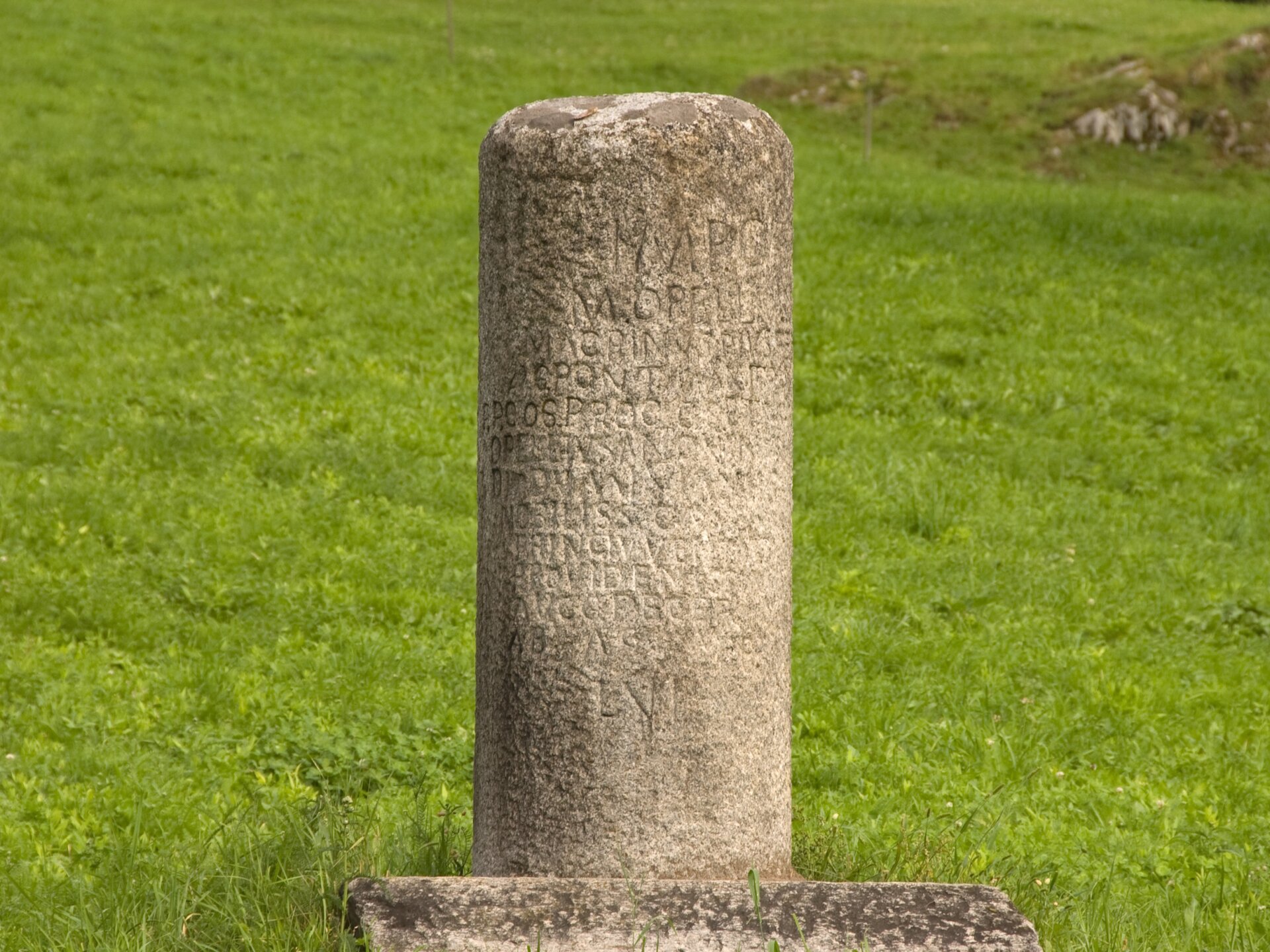 Fotografia przedstawia brązowy kamień milowy stojący przy łące. Kamień ma formę walca, na jego powierzchni obecne są łacińskie inskrypcje. Kamień stoi na podstawie. 