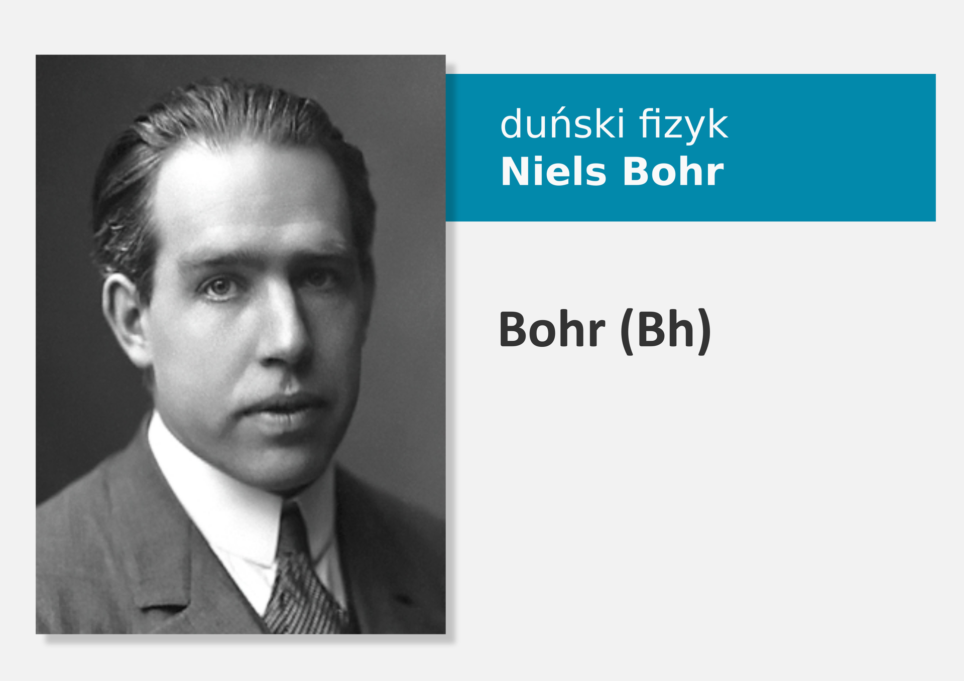 Fotografia duńskiego fizyka Nielsa Bohra, obok nazwa i symbol pierwiastka Bohr (Br)