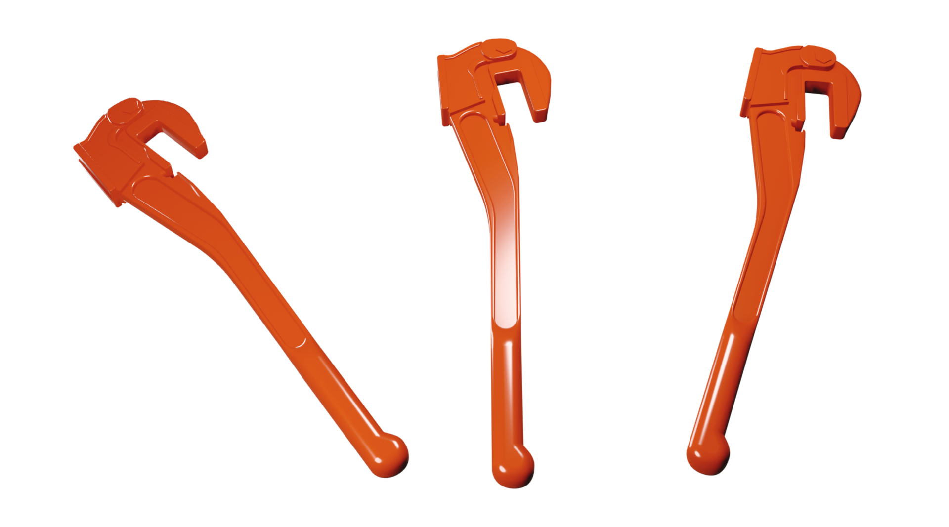 Na zdjęciu przedstawione są trzy identyczne pomarańczowe klucze do żerdzi pompowych. Każdy z nich u dołu ma kulkę. Z kulku wychodzi trzon klucza. Trzon jest w kształcie podłużnego prostopadłocianu. Góra każdego klucza przypomina hak. Hak każdego z kluczy jest ułożony równolegle do trzonu.