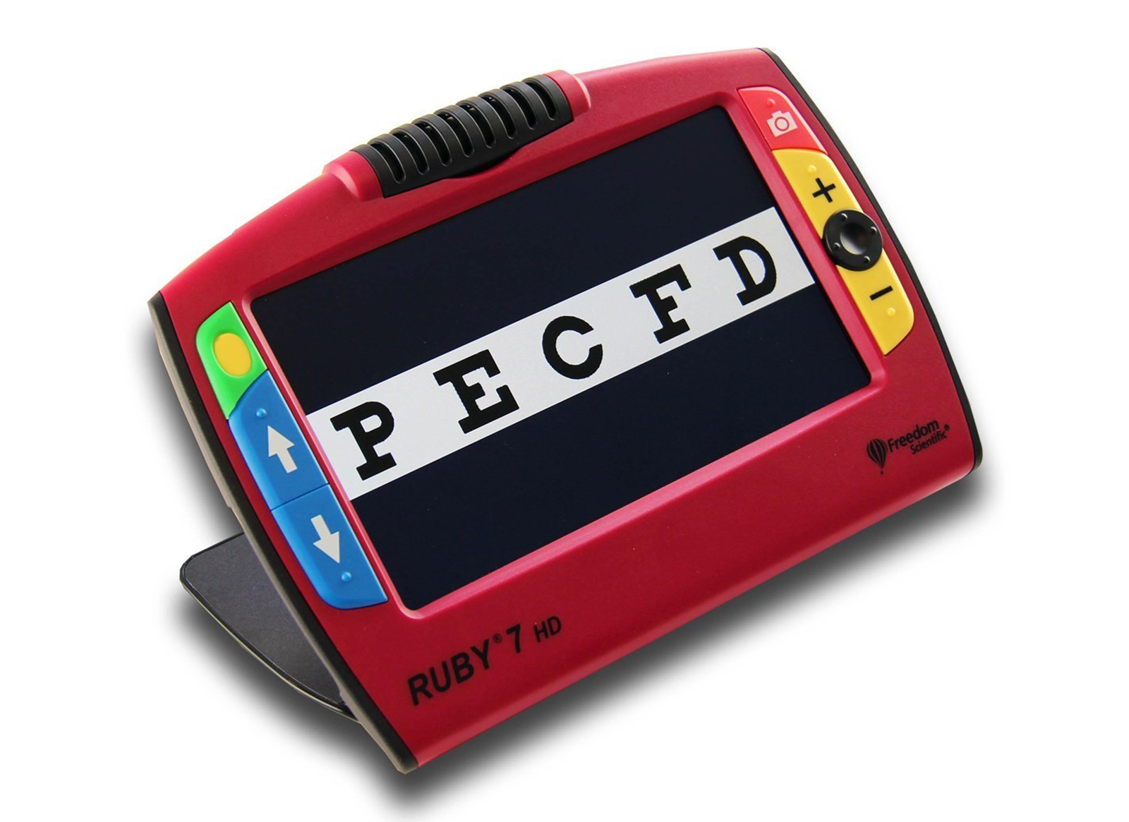 Grafika przedstawia prostokątny panel. Pośrodku znajduje się duży ekran. Na ekranie wyświetlone są litery: pe, e, ce, ef oraz de. Na urządzeniu znajduje się napis RUBY siedem ha de. Na obudowie po lewej stronie znajduje się zielony przycisk z żółtym owalem, poniżej przyciski: strzałka w górę oraz strzałka w dół. Po prawej stronie na obudowie znajdują się: czerwony przycisk z ikonką aparatu, przycisk ze znakiem plus, okrągły czarny przycisk oraz przycisk ze znakiem minus. 