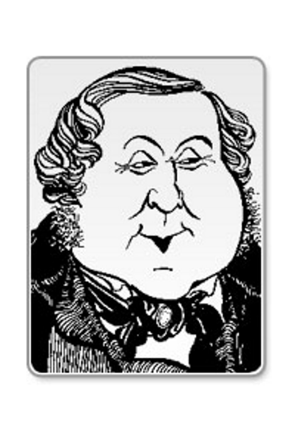 Ilustracja przedstawia karykaturę Gioacchino Rossiniego. Na zdjęciu znajduje się duża głowa kompozytora oraz fragment jego ubrania. Fotografia jest czarno-biała.