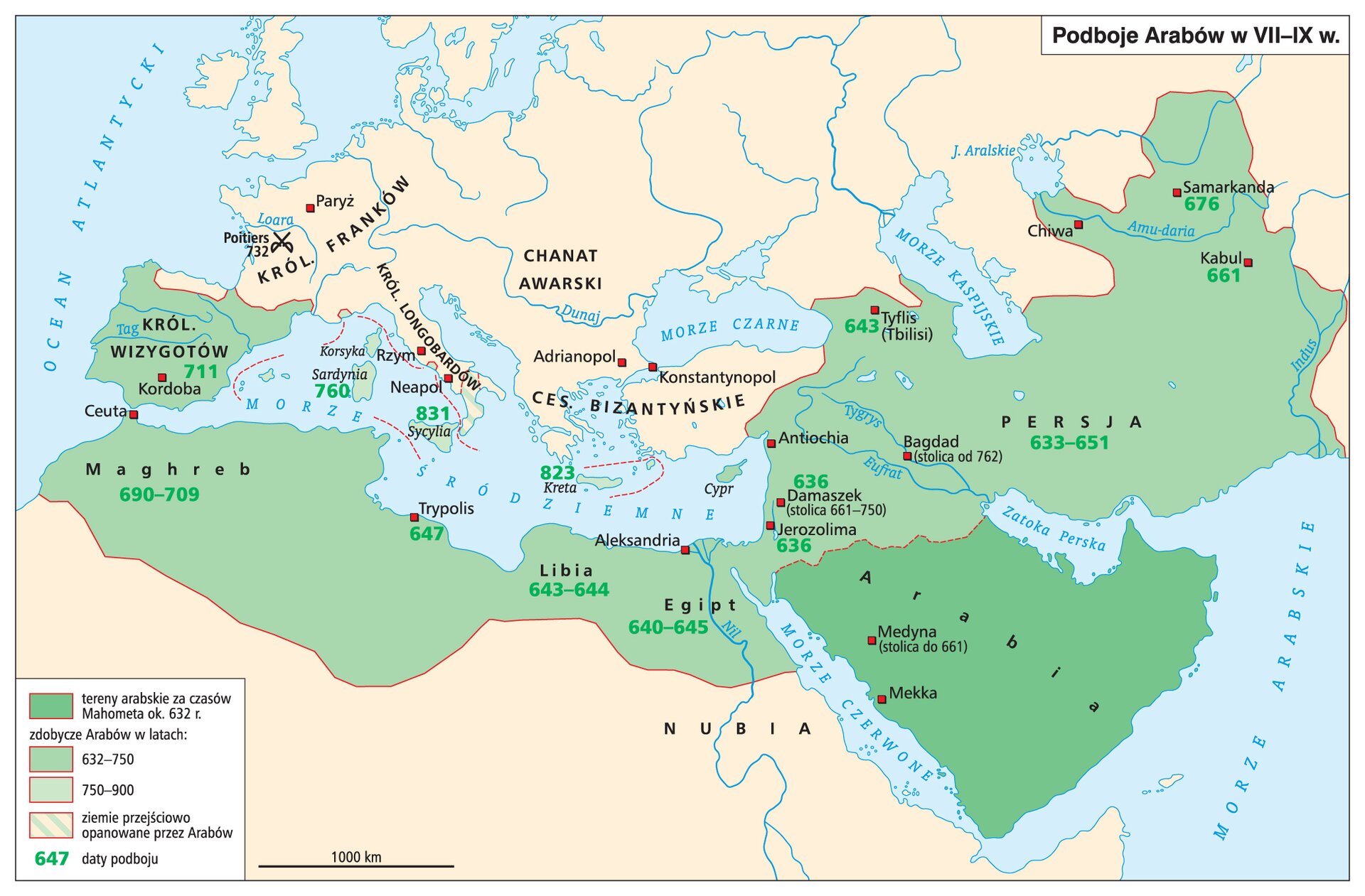 Mapa przedstawia podboje Arabów w VII‑IX wieku. Tereny arabskie za czasów Mahometa (około 632 roku) to: Arabia z miastami Medyną (stolica do 661 roku: i Mekką. Zdobycze Arabów w latach 632‑750 to: Jerozolima (636 rok), Damaszek (636 rok, stolica w latach 661‑750), Cypr, Bagdad (stolica od 762 roku), Tyflis (Tbilisi) 643 rok, Persja (lata 633‑651), Kabul (661 rok), Samarkanda (676 rok), Egipr (lata 640‑645), Libia (lata 643‑644), Trypolis (647 rok), Maghreb (lata 690‑709) oraz królestwo Wizygotów (711 rok). Zdobycze Arabów w latach 750‑900 to: Korsyka, Sardynia (760 rok), Sycylia (831 rok) oraz Kreta (823 rok). Ziemie częściowo opanowane przez Arabów to południowe Włochy.