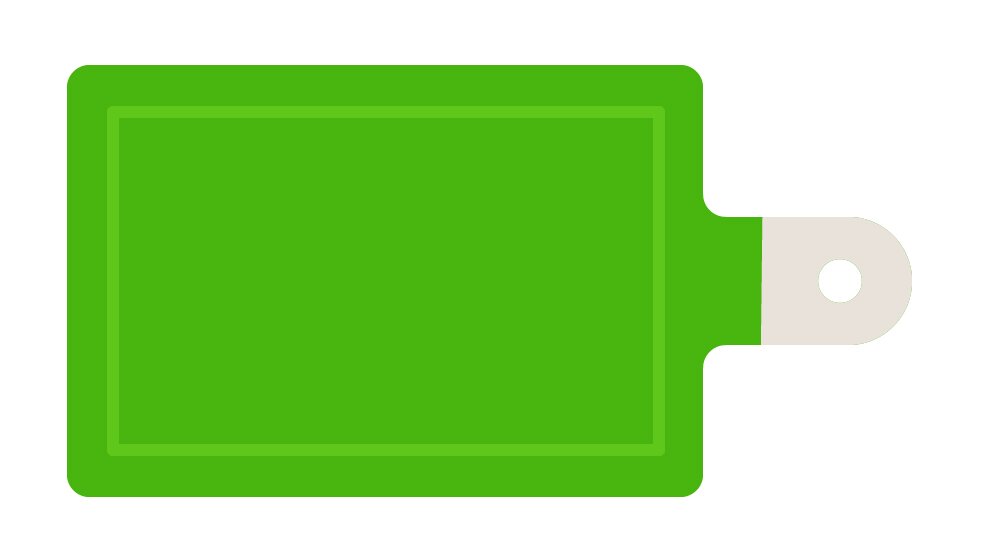 Grafika przedstawia zieloną deskę do krojenia w poziomie. Widoczny jest zielony prostokąt z jasnozieloną obwódką wpisaną w środku w niewielkiej odległości od krawędzi, obrazujący część roboczą deski do krojenia, oraz jasnoszary uchwyt po prawej stronie z wpisanym białym kółkiem obrazującym otwór w uchwycie deski.