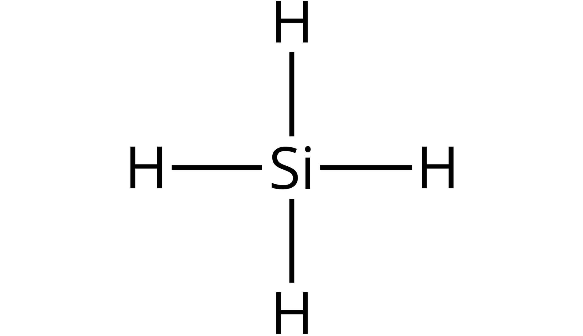 Ilustracja przedstawiająca wzór strukturalny wodorku krzemu SiH4. Zbudowany z atomu krzemu Si połączonego za pomocą wiązań pojedynczych z czterema atomami wodoru. Od symbolu Si poprowadzone są cztery kreski symbolizujące wiązania, na których końcach dopisane są symbole wodoru H.