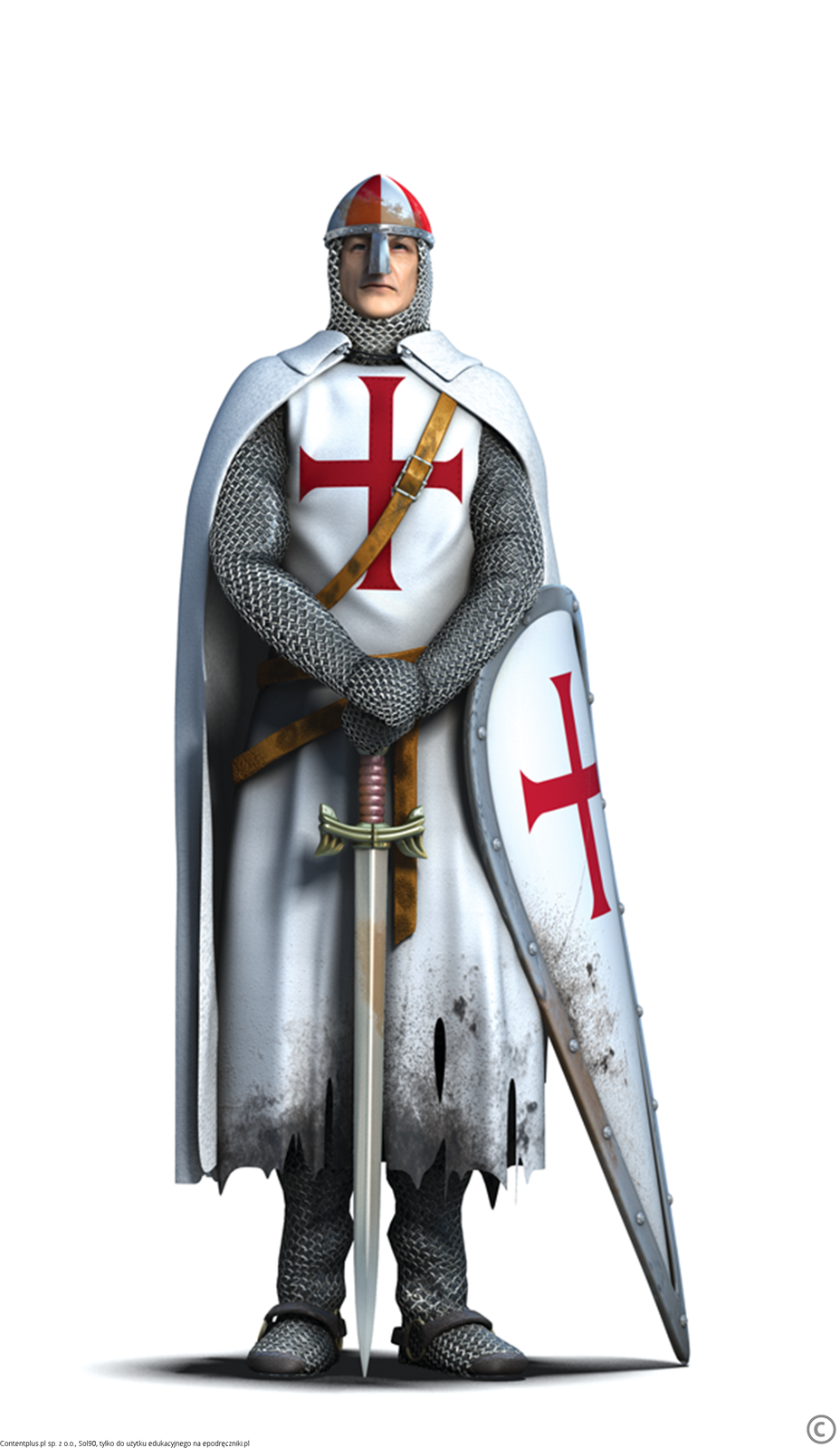 Rysunek przedstawia rycerza. Nosi kolczugę (długi płaszcz i czepiec). Na głowie ma hełm. Uzbrojony jest w miecz i tarczę. Na białym habicie i tarczy widnieje czerwony krzyż. 