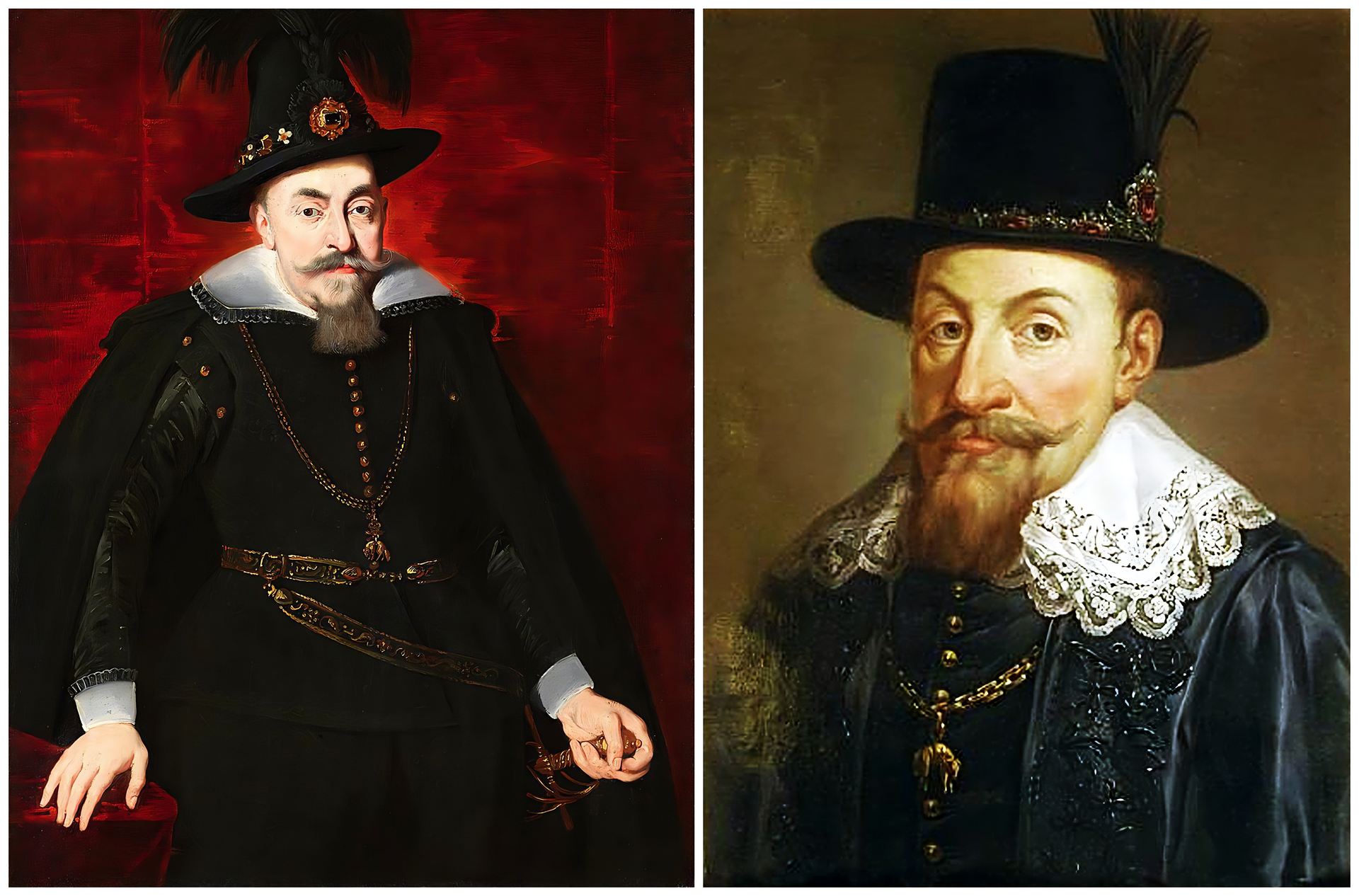 Ilustracja składa się z dwóch obrazów. Na obrazie po lewej stronie portret ponad pięćdziesięcioletniego Zygmunta III Wazy w stroju hiszpańskim. Król ma zarost na modłę niemiecką z wydatnymi wąsami i szczecinowatą brodą. Na głowie nosi wysoki kapelusz ozdobiony egretą. Ubrany jest w kaftan z koronkowymi mankietami, wams bez rękawów, szeroki płócienny kołnierz ozdobiony koronką, wełnianą pelerynę, ozdobny pas skórzany z metalowymi ozdobami oraz naszyjnik w formie amuletu. Lewą dłoń król opiera na rapierze przytwierdzonym do pasa, zaś prawą położył na okrytym aksamitem postumencie. Na prawo portret Zygmunta III Wazy przed śmiercią. Monarcha nosi zarost na modłę niemiecką. Ma na głowie filcowy kapelusz ozdobiony piórami i klejnotami. Nosi zapinany na rząd małych, złotych guzików kaftan, do którego przytwierdzony jest obszyty koronką płócienny kołnierz. Na niego narzucony jest wierzchni kaftan bogato haftowany.  Szyję monarchy zdobi złoty łańcuch.