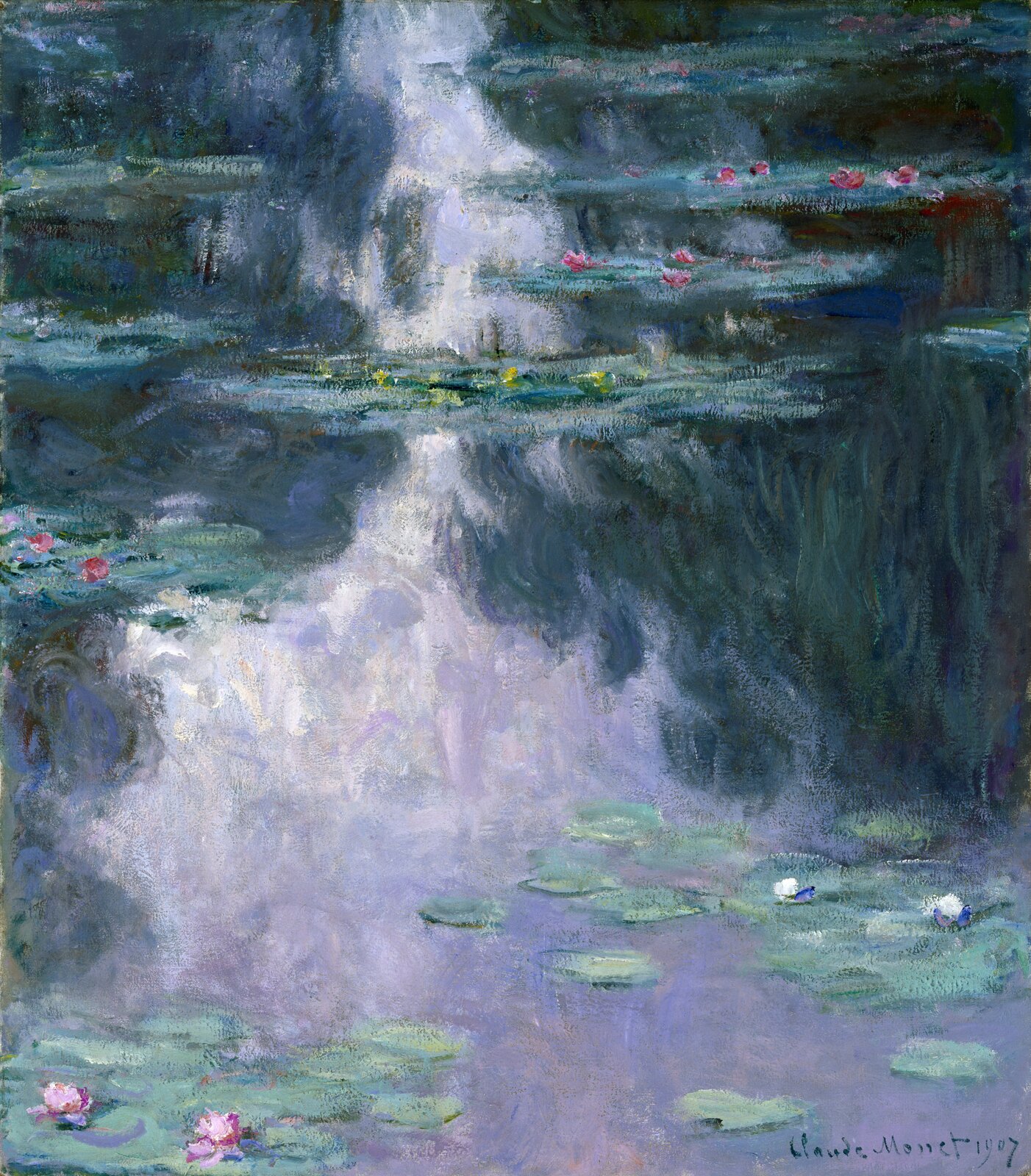 Obraz autorstwa Claude Monet, pod tytułem: „Lilie wodne”. Dzieło przedstawia staw z różowymi kwiatami lilii wodnych. W tafli odbija się niebo.