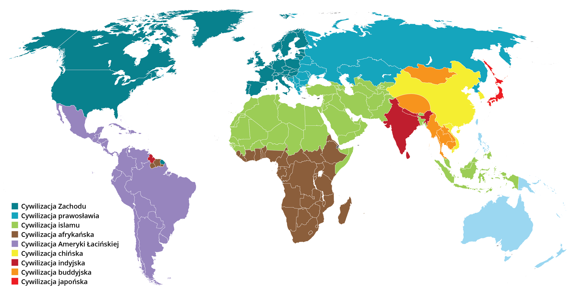 Mapa prezentuje dziewięć typów cywilizacji: 1. cywilizacja Zachodu (obejmująca Europę i środkowo-północną część Ameryki Północnej), 2. cywilizacja prawosławna (obejmująca Europę Wschodnią i północno-środkową część kontynentu azjatyckiego), 3. cywilizacja islamu (obejmująca Bliski Wschód, Półwysep Arabski, i północno-środkową część Afryki), 4. cywilizacja afrykańska (obejmująca środkowo-południową część Afryki), 5. Cywilizacja Ameryki Łacińskiej obejmująca południową część Ameryki Północnej i całą Amerykę Południową), 6. cywilizacja chińska (obejmująca obszar Azji Środkowej i Azji Wschodniej), 7. cywilizacja indyjska (obejmująca Azję Południową), 8. cywilizacja buddyjska (obejmująca częściowo obszary Azji Południowo-Wschodniej), 9. cywilizacja japońska (obejmująca obszar wysp w Azji Wschodniej na zachodnim obrzeżu Oceanu Spokojnego).