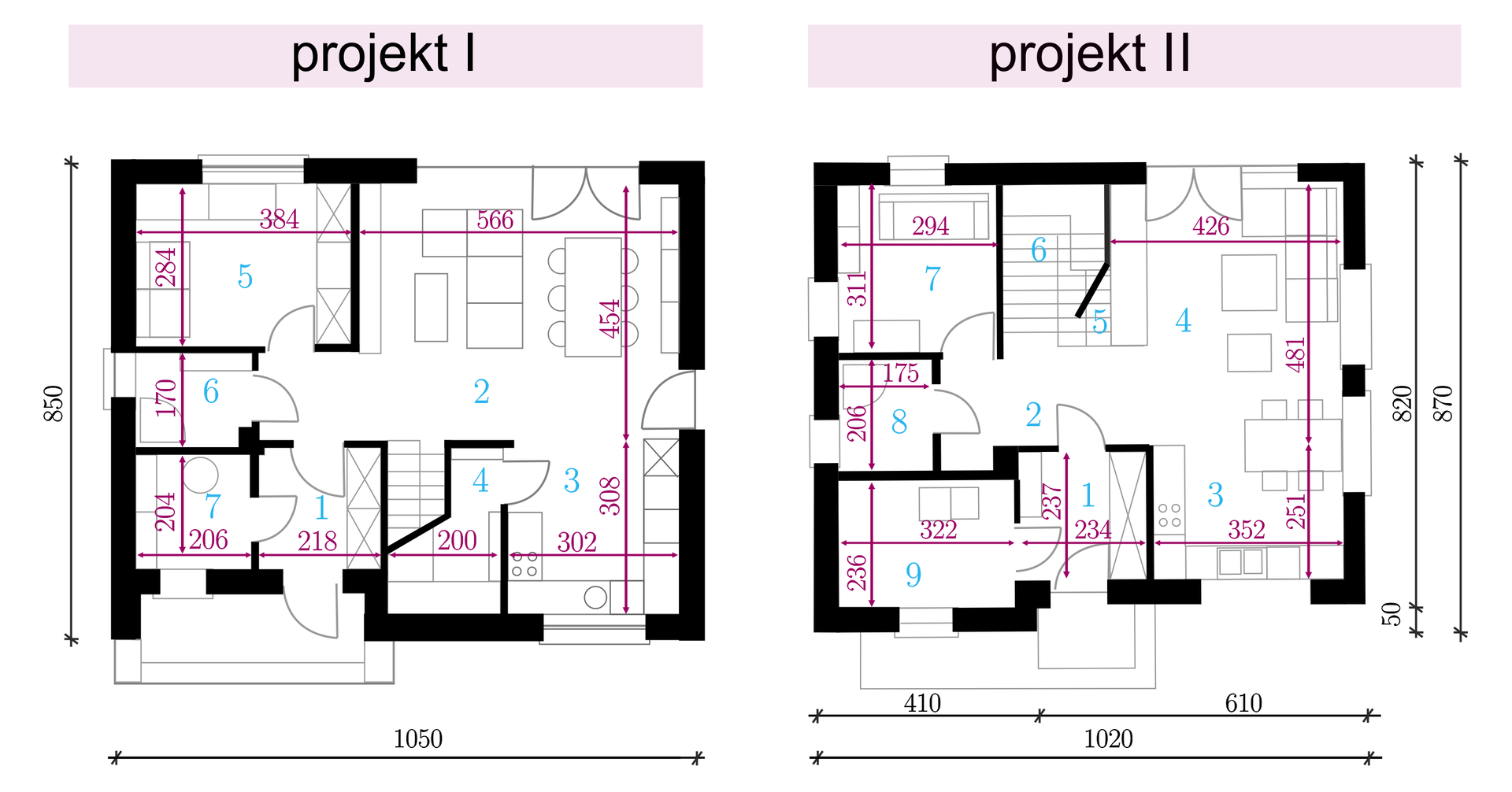 Ilustracja przedstawia dwa projekty domu. Projekty opatrzone są tytułami: projekt pierwszy, projekt drugi. Projekt pierwszy ma wymiary 850 długości na 1050 szerokości. Projekt drugi ma wymiary 820 długości na 1020 szerokości.