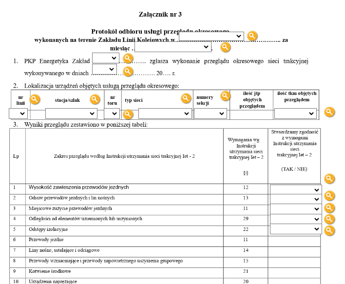 Zrzut ekranu przedstawia przykład dokumentacji interaktywnej do uzupełnienia. Widoczny jest fragment dokumentu. W miejscach do uzupełnienia danych znajdują się listy rozwijane z możliwymi odpowiedziami. Obok list są pomarańczowe kółeczka z symbolem lupy. Po kliknięciu w nie wyświetlane jest okienko z podpowiedzią.