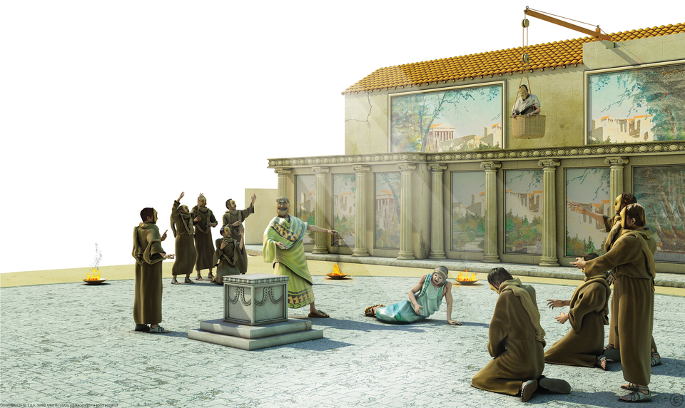 Grafika przedstawia scenę starożytnego teatru wraz z aktorami i chórem. Na środku stoi kamienny stół. Na scenie pośrodku znajdują się dwaj aktorzy w kolorowych chitonach i  w maskach, którzy odgrywają jakąś tragiczną sytuację. Jeden w pozycji półleżącej, drugi stoi obok niego i wskazuje ręką. Scenie przygląda się chór złożony z 9 mężczyzn ubranych w ciemnozielone szaty. Stoją oni po obu stronach sceny, natomiast przewodnik chóru stoi przed kamiennym stołem i rozgrywającą się obok niego sceną. W centralnej części sceny, wisi w koszu, nad dekoracją trzeci aktor, który jest opuszczany w dół przy pomocy drewnianego ramienia dźwigowego. Cała konstrukcja wbudowana jest w scenografię przedstawiającą fragment greckiego miasta. Dookoła sceny rozstawiono naczynia z rozpalonym ogniem. Tło jest białe.