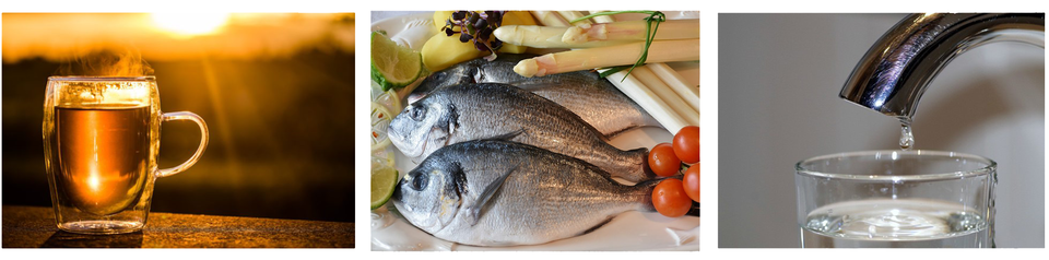 Trzy zdjęcia. Przedstawiają kolejno: szklankę z napojem, ryby, obok których leżą białe szparagi, wodę kapiącą z kranu do szklanki. 