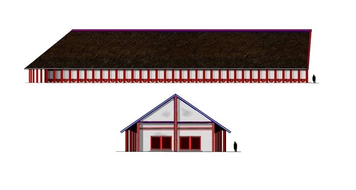 Na ilustracji znajduje się plan pałacu z Lefkandi. Widoczny jest jego rzut boczny i rzut z przodu. Jest to podłużny budynek o białych ścianach i spadzistym brązowym dachu, który wystaje po obu stronach tworząc wnęki. Wystający dach jest oparty na czerwonych palach. 