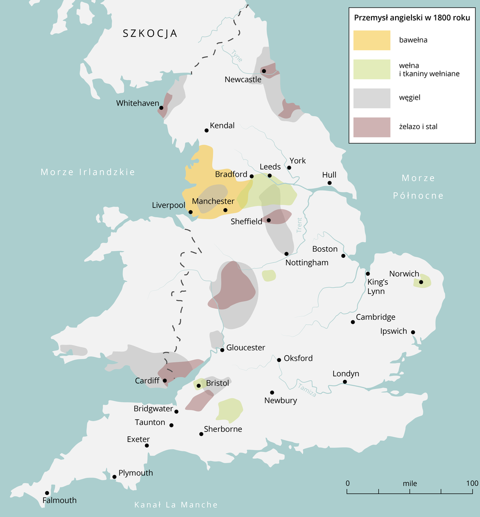 Mapa Wielkiej Brytanii przedstawia przemysł angielski w 1800 roku. Ukazane są obszary, w których występuje dana gałąź przemysłu. Bawełna: północno‑zachodnia część Anglii w okolicy miasta Machester i Liverpool. Wełna i tkaniny wełniane: obszar na wschód od poprzedniego w okolicy miast Bradford i Leeds. Węgiel: obszar na południe od poprzedniego z miastem Sheffield i Nottingham, część środkowo‑zachodnia oraz południowo‑zachodnia Anglii z miastami Cardiff i Gloucester, północna część Anglii z miastami Newcastle na wschodnim i Whitehaven na zachodnim brzegu. Żelazo i stal: część środkowo‑zachodnia oraz południowo‑zachodnia Anglii z miastami Cardiff, Gloucester i Bristol, północna część Anglii z miastami Newcastle na wschodnim i Whitehaven na zachodnim brzegu.