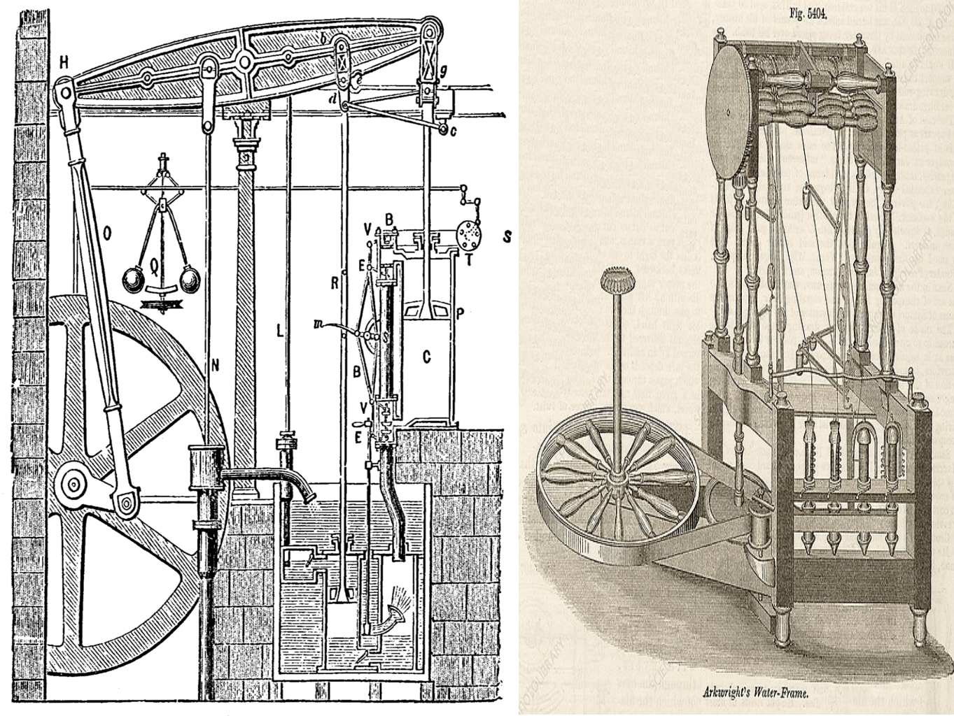 Ilustracja przedstawia dwie maszyny do przędzenia, mechaniczną i wspomaganą silnikiem parowym. Obie to konstrukcje kilku przęseł rozdzielających nici, każda z maszyn ma koła z zamontowanymi korbami do obracania.