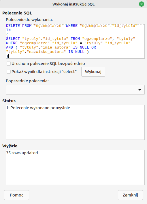 Ilustracja przedstawia zrzut ekranu wykonania instrukcji SQL. Na grafice widoczne są ekrany poleceń do wykonania, poprzednie polecenia, status oraz wyjście. 