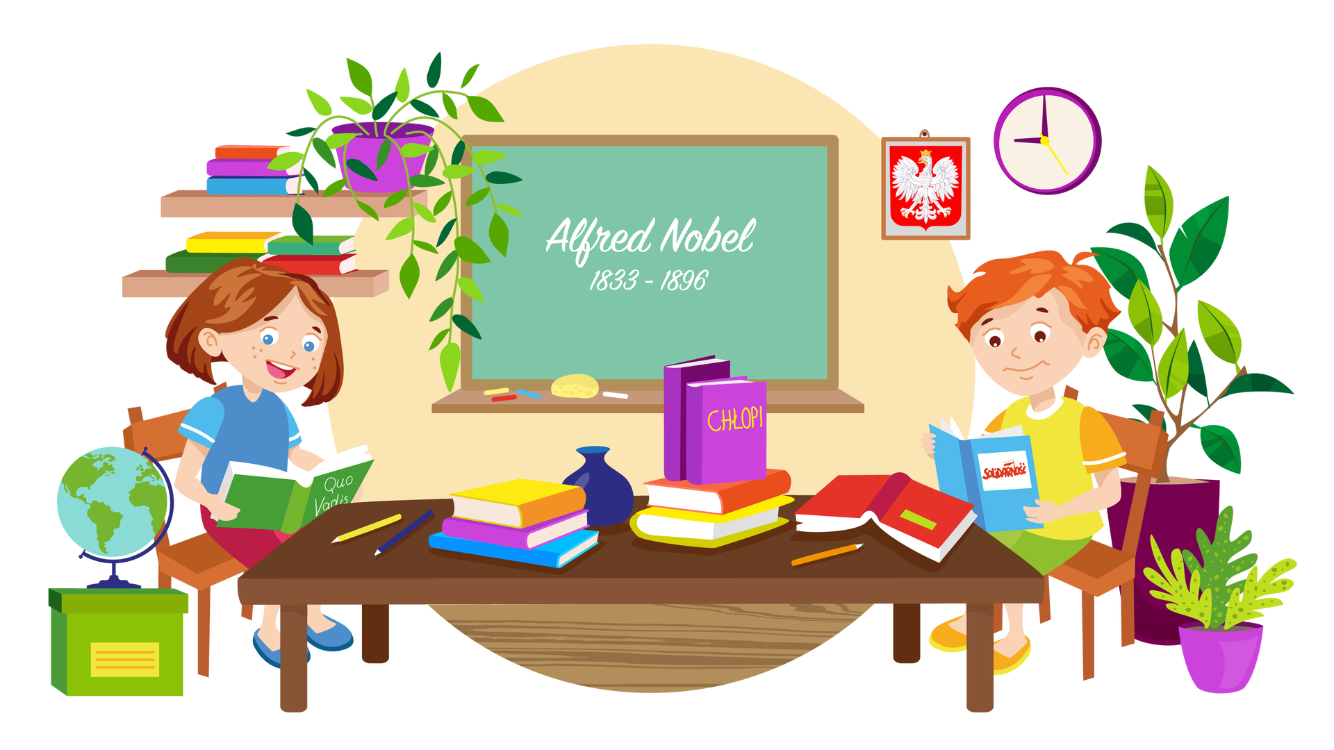 Ilustracja przedstawia klasę szkolną. W tle znajduje się beżowa ściana, na której wisi zielona tablica z półką. Na półce leżą żółta gąbka oraz cztery kawałki kredy: żółty, czerwony, niebieski i biały. Na tablicy znajduje się biały napis: „Alfred Nobel 1833–1896”. Po lewej stronie tablicy wiszą na ścianie dwie półki, jedna pod drugą. Na górnej półce leży stos trzech książek i stoi zielona roślina w fioletowej donicy. Na dolnej półce leżą dwa stosy po dwie książki. Po prawej stronie tablicy wiszą na ścianie godło Polski w ramce i zegar. Na pierwszym planie ilustracji stoi duży brązowy stół, na którym leżą różne przedmioty. Są to trzy kolorowe kredki, żółta, granatowa i pomarańczowa, pękaty granatowy wazonik oraz duża ilość książek. Na jednej z nich widnieje tytuł: „Chłopi”. Inna leży na stole rozłożona, ale okładką ku górze. Po lewej stronie stołu siedzi na krześle uśmiechnięta Maja. Czyta książkę, którą trzyma w rękach. Na okładce widnieje tytuł: „Quo vadis”. Obok Mai stoi na podłodze zielone pudełko z pokrywką, a na niej znajduje się globus. Po prawej stronie stołu siedzi na krześle skupiony Franek. Również czyta książkę, którą trzyma w rękach. Na okładce widnieje napis: „Solidarność”. Obok Franka stoją na podłodze dwie zielone rośliny w fioletowych donicach.
