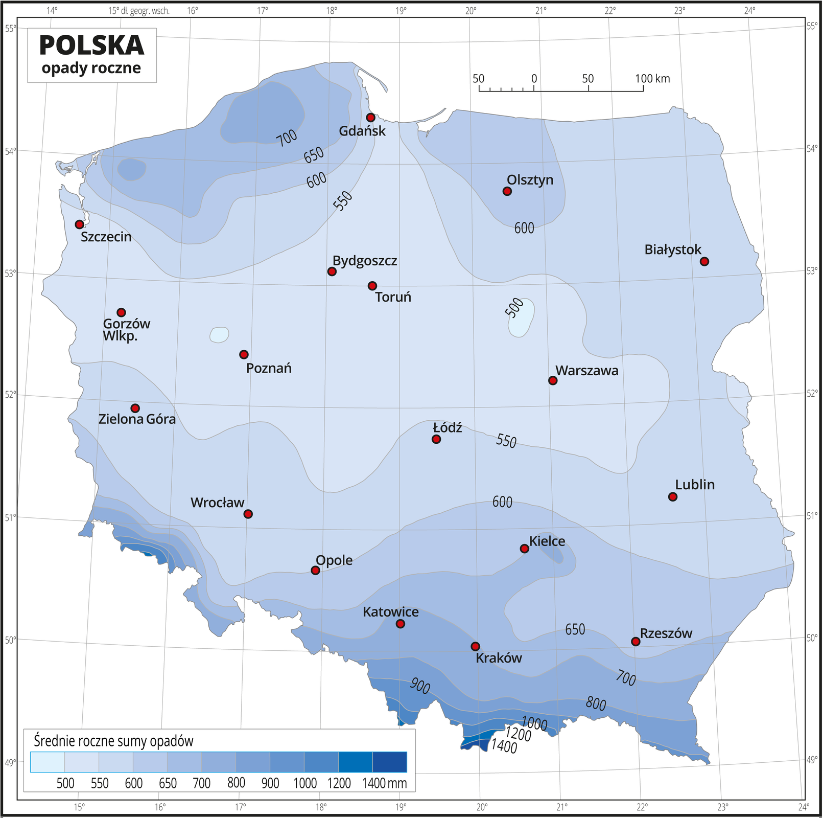 Ilustracja przedstawia mapę Polski. Na mapie odcieniami koloru niebieskiego zaznaczono średnie roczne sumy opadów. Na izohietach opisano średnie roczne sumy opadów. Centralną część mapy zajmuje kolor jasnoniebieski przechodzący w ciemnoniebieski w kierunku północnym i południowym. Najciemniejszy niebieski jest na południu. Czerwonymi punktami zaznaczono miasta wojewódzkie. Mapa pokryta jest siatką równoleżników i południków. Dookoła mapy jest biała ramka, w której opisane są współrzędne geograficzne co jeden stopień. Poniżej mapy w legendzie umieszczono prostokątny poziomy pasek. Pasek podzielono na jedenaście części od jasnoniebieskich do ciemnoniebieskiego. Każda część paska obrazuje przedział średniej rocznej sumy opadów. Opisano izohiety od pięćset milimetrów do tysiąc czterysta milimetrów, początkowo co pięćdziesiąt milimetrów, powyżej siedemset milimetrów co sto milimetrów, a powyżej tysiąca milimetrów co dwieście milimetrów.