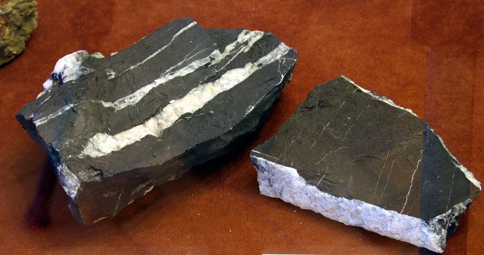 Zdjęcie przedstawia łupek granitowy. Ma regularny prostokątny kształt oraz chropowatą powierzchnię o czarnej barwie z białymi pasami.