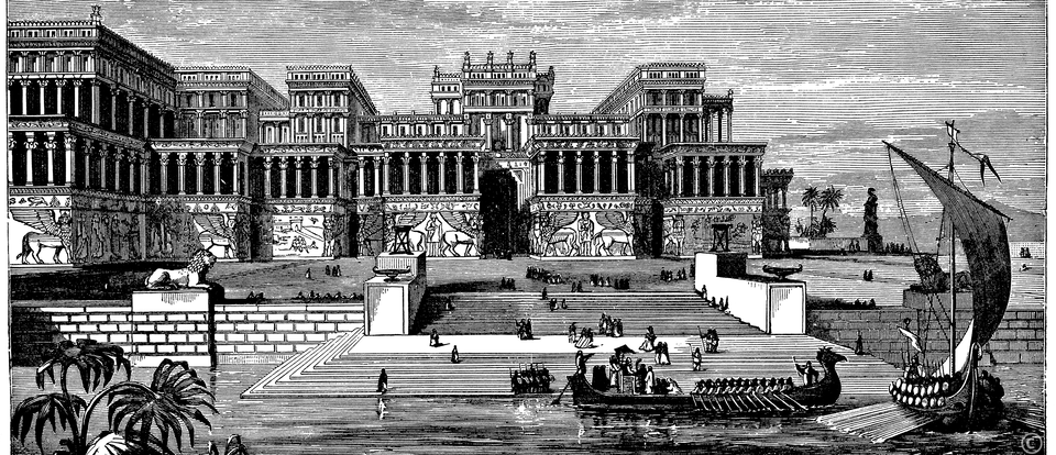 Ilustracja przedstawia pałac stojący nad rzeką z której prowadzą do niego schody. Pałac jest bogato zdobiony w części parterowej. W kolejnych kondygnacjach są kolumnady.