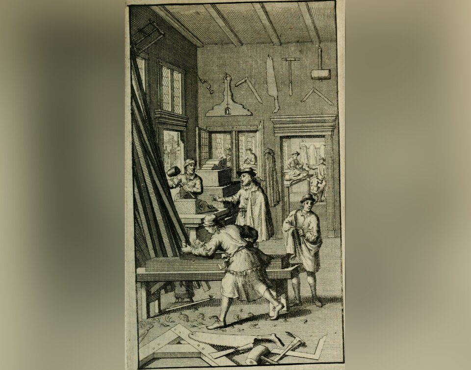 Rycina przedstawia wnętrze pracowni stolarskiej. Widać tu licznych pracujących mężczyzn.