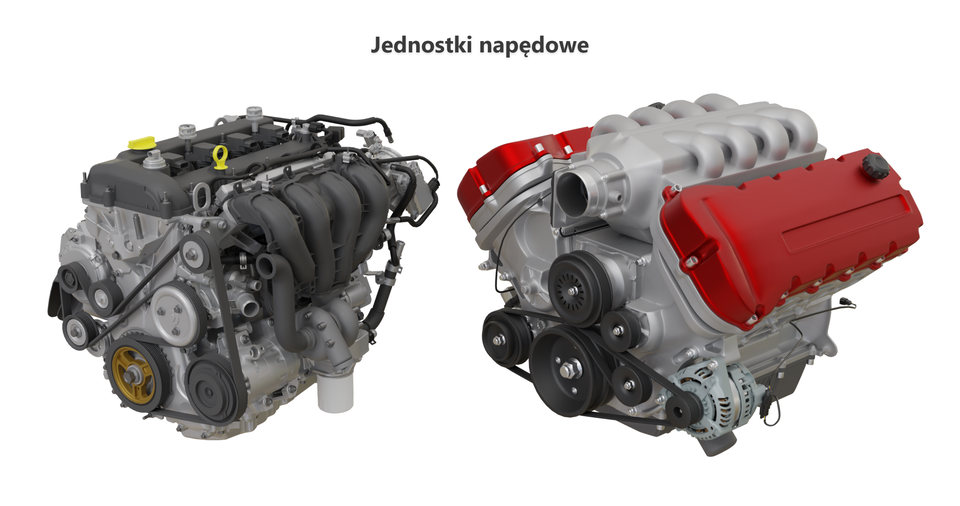 Ilustracja przedstawia jednostki napędowe, a dokładnie silniki spalinowe. Na ilustracji widać dwa silniki spalinowe. Jeden jest bez obudowy (tu widoczne liczne przewody), drugi ma obudowę. W skład budowy silnika spalinowego wchodzą: skrzynia korbowa, głowica silnika, pokrywa głowicy, układ rozrządu, układ chłodzenia oraz układ smarowania.