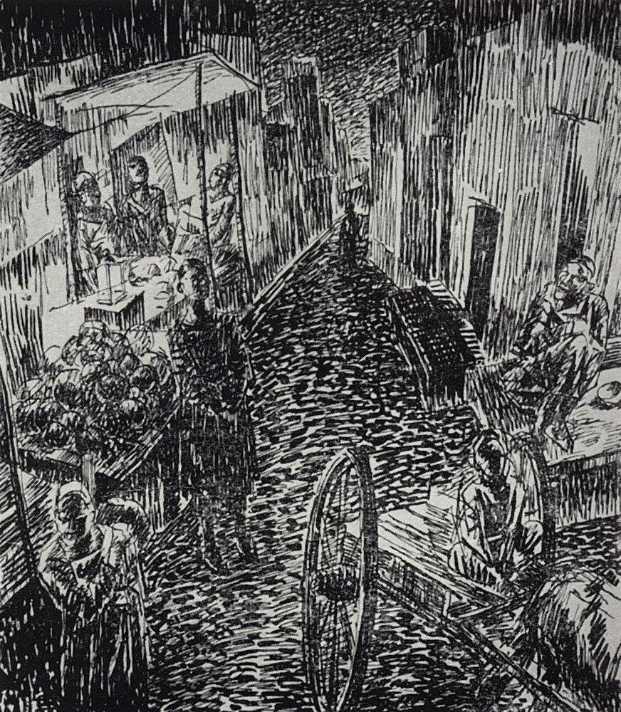 Ilustracja przedstawia wąską ulicę, po bokach której stoją budynki, a pod nimi rozstawione są stragany. Na straganach leżą różne produkty. Znajdują się przy nich ludzie. Po prawej jest prosty wóz ciągnięty przez konia. W tle są dalsze zabudowania.