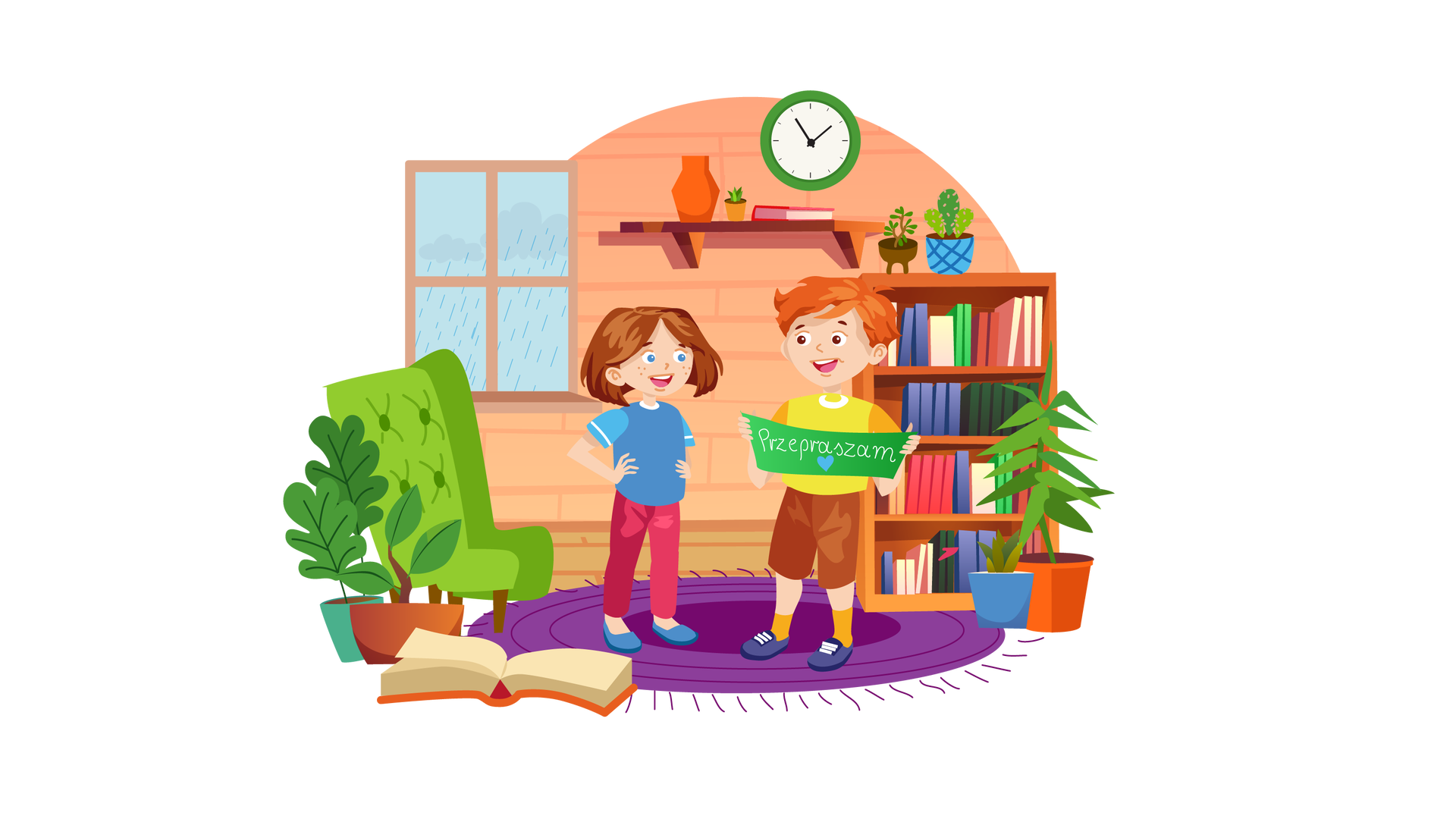 Ilustracja przedstawia salon. W tle znajduje się jasnopomarańczowa ściana z oknem po lewej stronie. Za oknem widać szare niebo, ciemne chmury i padający z nich deszcz. Dalej, na prawo, wisi na ścianie okrągły zielony zegar ze wskazówkami, a pod nim brązowa półka. Na półce stoi pomarańczowy wazon i niewielka zielona roślina w jasnopomarańczowej donicy oraz leży książka w czerwonej okładce. Po prawej stronie ilustracji, pod ścianą, stoi brązowy regał z czterema półkami, na których są ustawione książki. Na samej górze regału stoją dwie zielone rośliny – jedna w brązowej donicy, a druga w niebieskiej w ciemnoniebieską kratę. Kolejne dwie zielone rośliny stoją na podłodze przed regałem. Jedna ma granatową donicę, a druga pomarańczową. Jeszcze dwie zielone rośliny widać po lewej stronie ilustracji. Pierwsza jest w ciemnozielonej, a druga w brązowej donicy. Obok leży otwarta książka w pomarańczowej okładce, a nieco dalej stoi jasnozielony fotel. Na środku pomieszczenia leży okrągły fioletowy dywan z frędzlami. Po lewej stronie stoi na nim Maja. Ręce trzyma na biodrach. Szeroko się uśmiecha i patrzy na stojącego po prawej Franka. Chłopiec odwzajemnia spojrzenie i również szeroko się uśmiecha. W rękach trzyma prostokątną zieloną kartkę z odręcznym białym napisem „Przepraszam” na środku. Pod napisem znajduje się niebieskie serduszko.