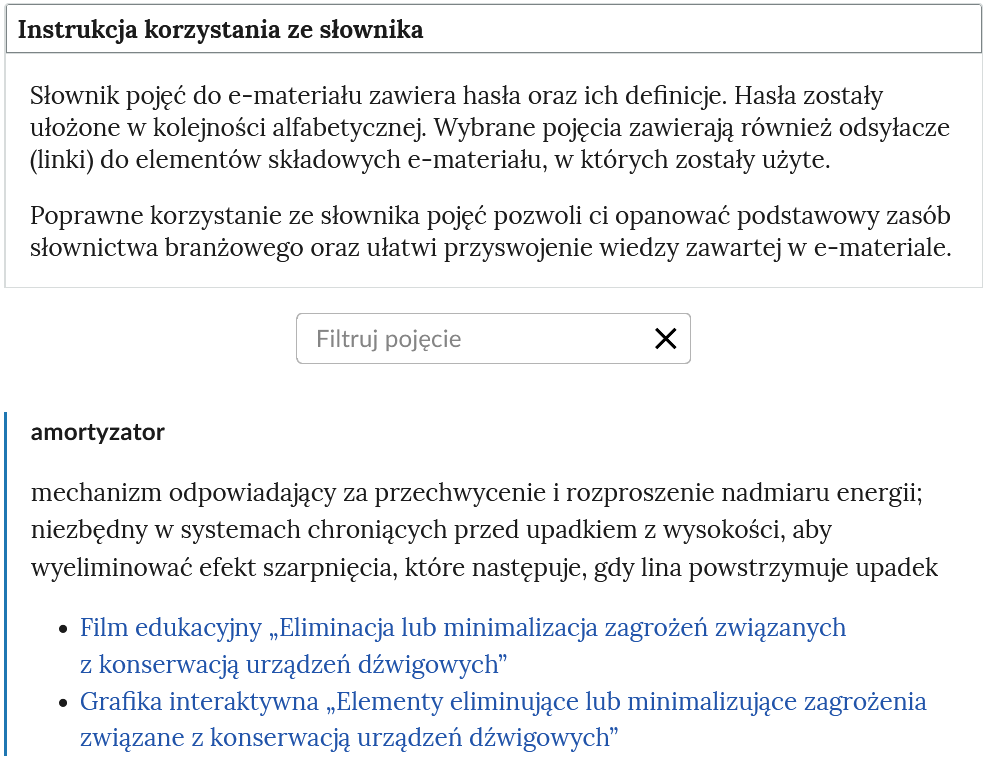 Przykładowy widok otwartej zakładki instrukcji korzystania ze słownika. Pod nazwą zakładki znajduje rozwinięty panel z instrukcją, niżej: prostokątny panel filtruj pojęcie i znak iks. Poniżej znajduje się pojęcie wraz z definicją oraz nawigacja do zakładek, w których termin się znajduje.