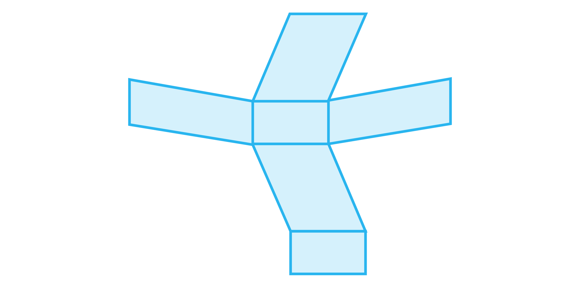 Ilustracja przedstawia siatkę składającą się trzech par identycznych figur: pary prostokątów, pary większych równoległoboków oraz z pary mniejszych równoległoboków. Konstrukcja siatki jest następująca. Pośrodku mamy prostokąt. Do jego dłuższych boków, czyli górnego i dolnego, przylegają dwa większe równoległoboki swoimi krótszymi bokami. Oba są pochylone w prawo. Do dolnego boku dolnego równoległoboku przylega swoim dłuższym górnym bokiem drugi prostokąt. Do prawego i lewego boku pierwszego prostokąta, czyli do jego krótszych boków, przylegają swoimi krótszymi bokami, dwa równoległoboki, które są przechylone ku górze.