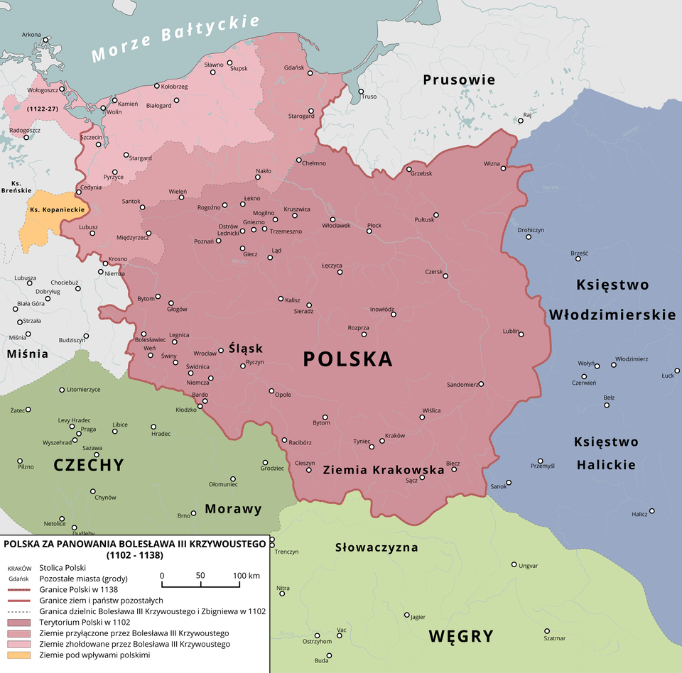 Mapa przedstawia Polskę za panowania Bolesława trzeciego Krzywoustego. W 1102 roku terytorium Polski obejmowało Ziemię Krakowską, Śląsk, Gniezno, Chełmno, Wiznę, Lublin. Ziemie przyłączone przez Bolesława trzeciego Krzywoustego to tereny Lubusza, Międzyrzecza, Cedyni, Wielenia, Starogardu i Gdańska. Ziemie zholdowane przez Bolesława trzeciego Krzywoustego to tereny Pyrzyc, Stargardu, Szczecina, Wolina, Białogardu, Kołobrzegu, Słupska. Ziemie znajdujące się pod wpływami polskim to Księstwo Kopanieckie na zachodzie.