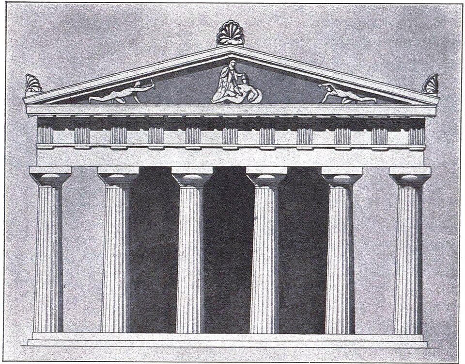 Fronton, rekonstrukcja Starej Świątyni Ateny na Akropolu, szkic w odcieniach szarości, widoczne kolumny i fronton.