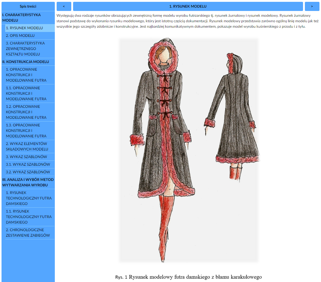 Grafika przedstawia ekran dokumentacji interaktywnej. Po lewej stronie menu nawigacyjne z tytułami kolejnych części dokumentacji. W centrum zakładka dokumentacji z tekstem oraz rysunkiem modelu futra. W górnej części przyciski nawigacyjne w formie strzałek.