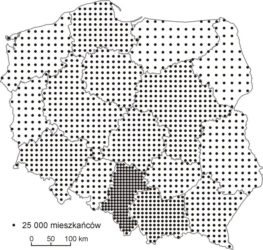 Na rysunku mapa rozmieszczenia ludności Polski w 2013 r. z wyszczególnionymi województwami. Każde województwo pokryte jest czarnymi, regularnie rozmieszczonymi punktami, a każdy z punktów oznacza 25 000 mieszkańców. Województwa różnią się od siebie gęstością wypełnienia  – najrzadziej wypełnione są województwa o najmniejszym zaludnieniu, a najgęściej województwa najbardziej zaludnione. Najgęściej zaludnione jest województwo śląskie i małopolskie a najrzadziej podlaskie i warmińsko‑mazurskie