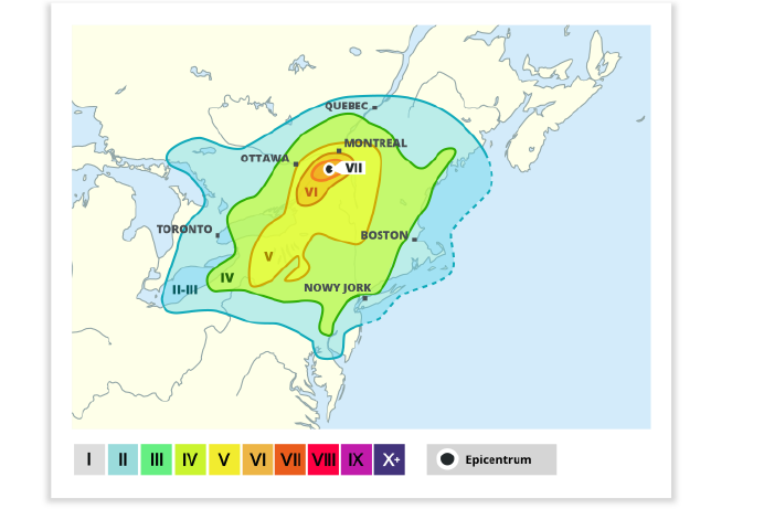 Na ilustracji przedstawiono mapę izosejst, czyli krzywych łączących punkty na powierzchni ziemi, w których wystąpiły te same natężenia trzęsienia ziemi. Epicentrum zaznaczono w pobliżu Montrealu. Wokół epicentrum oznaczono wartość natężenia siedem. Kolejne izosejsty obejmują coraz większe obszary, a ich wartość jest coraz mniejsza aż do wartości dwa‑trzy.