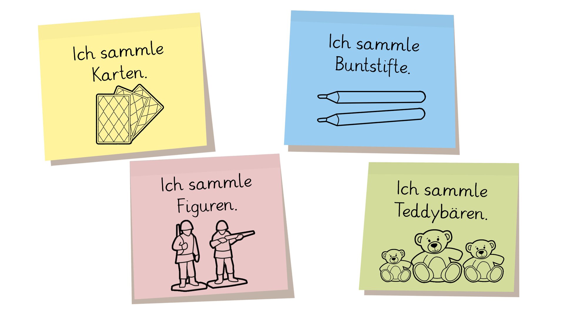 Rysunek przedstawia cztery kartki. Na pierwszej jest napis Ich sammle Karten oraz ilustracja kart. Na drugiej jest napis Ich sammle Buntstifte oraz ilustracja kredek. Na trzeciej jest napis Ich sammle Figuren oraz ilustracja małych żołnierzyków. Na czwartej jest napis Ich sammle Teddybären oraz ilustracja pluszowych misiów.