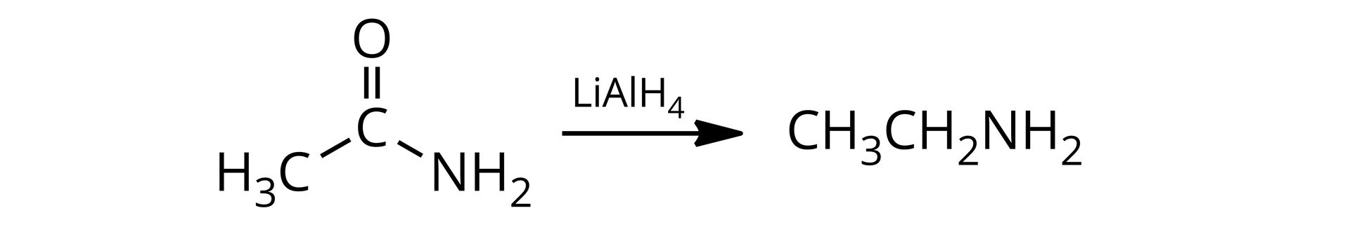 Ilustracja przedstawiająca równanie reakcji chemicznej. Cząsteczka amidu o strukturze zbudowanej z atomu węgla połączonego za pomocą wiązania podwójnego z atomem tlenu oraz za pomocą wiązań pojedynczych z grupą NH2 oraz z podstawnikiem metylowym CH3. Strzałka w prawo, nad strzałką tetrahydroglinian litu o wzorze sumarycznym LiAlH4. Za strzałką cząsteczka etyloaminy zbudowana z podstawnika z grupy CH3 związanej z grupą CH2, która to łączy się z grupą aminową NH2.