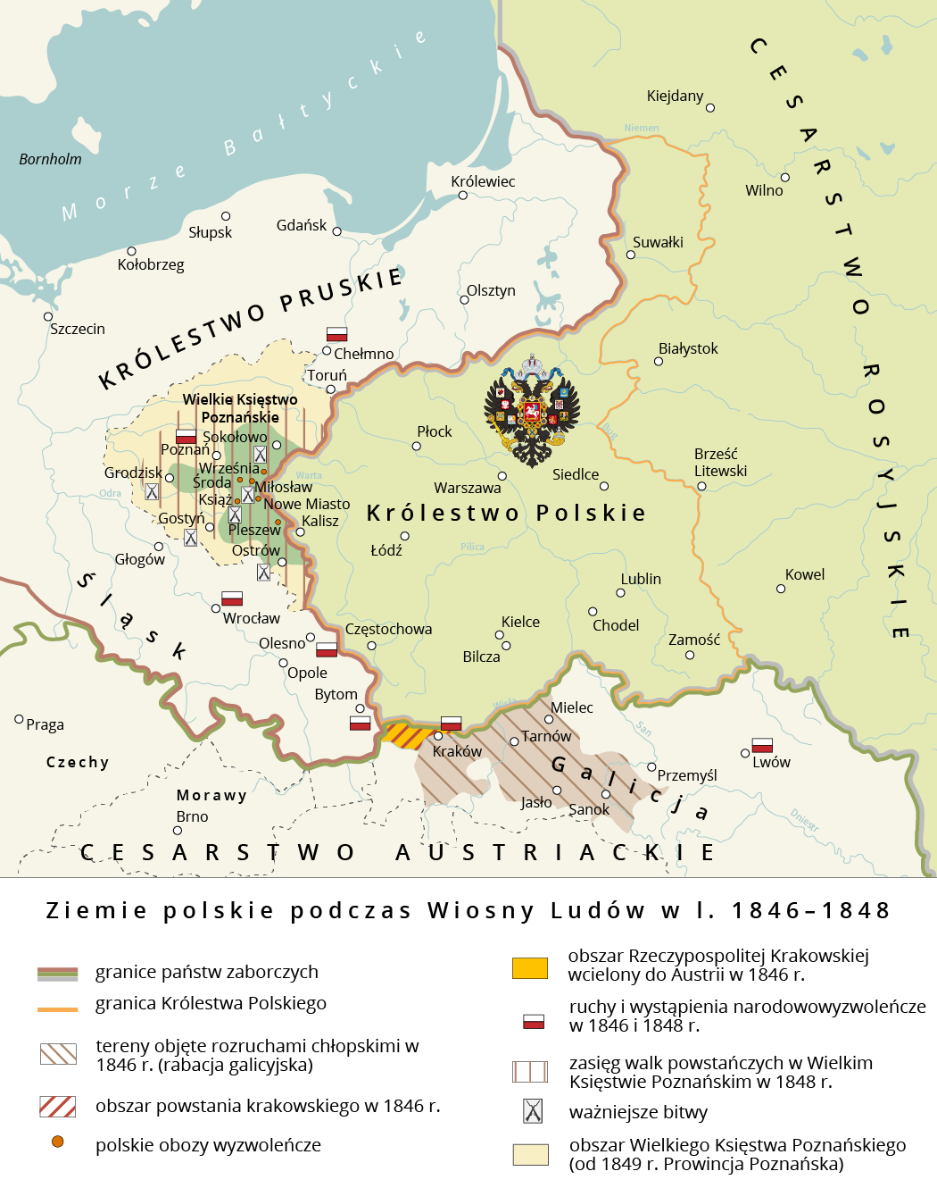 Mapa prezentująca ziemie polskie podczas Wiosny Ludów w latach 1846–1848. Ruchy i wystąpienia narodowo‑wyzwoleńcze w 1846 r. i 1848 r.: Wrocław, Olesno, Bytom, Kraków, Lwów, okolice Opola, okolice Poznania, Chełmno. Ważniejsze bitwy: Grodzisk, Gostyń, Książ, Miłosław, Sokołowo, Ostrów. Polskie obozy wyzwoleńcze: Pleszew, Miłosław, Nowe Miasto, Książ, Środa, Września. Wokół tych terenów skupiały się też zasięg walk powstańczych w Wielkim Księstwie Poznańskim w 1848 r. Zaznaczony jest obszar na Zachód od Krakowa, który został wcielony do Austrii w 1846 r. Na terenie Galicji zaznaczono tereny objęte rozruchami chłopskimi w 1846 r. (rabacja galicyjska).