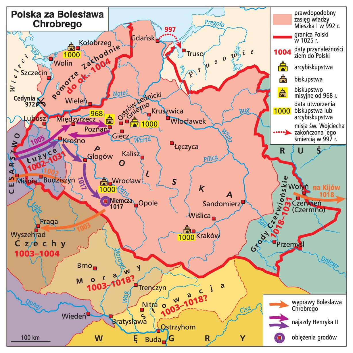 Mapa przedstawia Polskę za panowania Bolesława Chrobrego. Granica Polski 1025 roku przebiegała od północy pomiędzy Kołobrzegiem, a Gdańskiem w dół, obok miasta Wieleń na zachód, przy miejscowości Lubusz, potem na południe pomiędzy miejscowościami Miśnia i Budziszyn, następnie poniżej od Wrocławia obok miejscowości Niemcza, dalej w dół na południe, poniżej Krakowa, aż do Przemyśla i w górę, obok miejscowości Wołyń, równolegle do Wisły, na północ, aż do Morza Bałtyckiego. Na mapie zaznaczone zostały ziemi, które przynależały do Polski: Pomorze Zachodnie do ok 1400 roku, Łużyce od 1002 do 1031 roku, Czechy od 1003 do 1004 roku, Morawy od 1003 do 1018, Słowacja od 1003 do 1018 roku, Grody Czerwieńskie od 1018 do 1031 roku. Zaznaczono arcybiskupstwa w Gnieźnie utworzonego w 1000 roku, biskupstwa w Kołobrzegu, Wrocławie i Krakowie w 1000 roku oraz biskupstwo misyjne w Poznaniu od 968 roku. Widać także przebieg misji świętego Wojciecha z Gdańska do Truso w Prusach, która zakończyła się jego śmiercią. Są tez zaznaczone wyprawy Bolesława Chrobrego z okolic Wrocławia przez Łużyce do Cesarstwa, z okolic Wrocławia do Czech do miast Wyszehrad i Praga oraz z okolic Wołynia na Kijów w 1018 roku. Zaznaczono także najazdy Henryka drugiego, które przebiegają od Cesarstwa przez Łużyce, aż do Poznania i z powrotem przez Krosno oraz z Cesarstwa przez Łużyce obok  miejscowości Głogów, aż do Niemczy, w której nastąpiło oblężenie. 