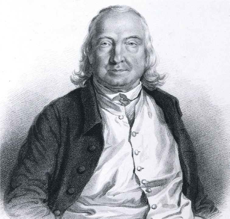 Portret przedstawia mężczyznę w średnim wieku. Ma długie, siwe włosy oraz zakola na głowie. Jego twarz jest pulchna, ma duży i szeroki nos oraz małe usta. Jest ubrany w marynarkę i koszulę schowaną pod kamizelką, na szyi ma halsztuk. 