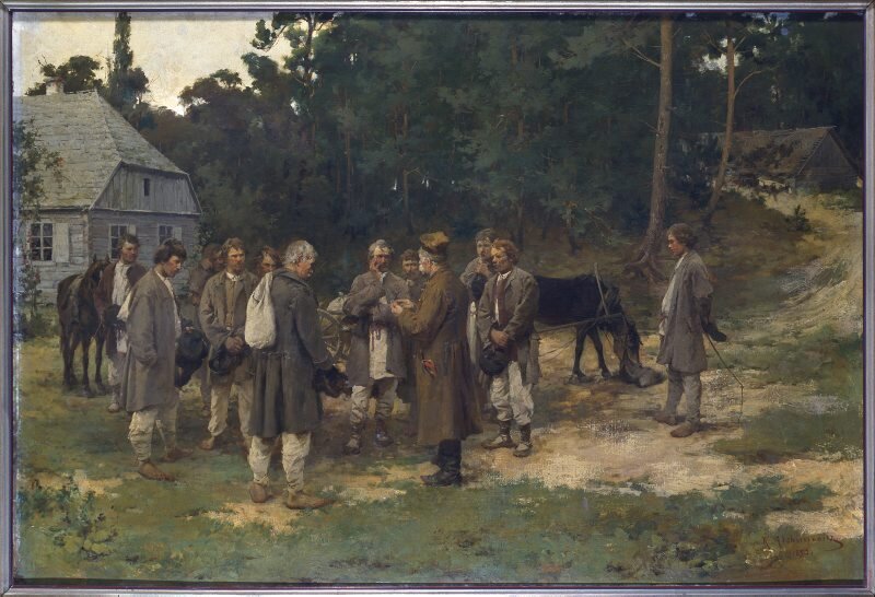 Ilustracja przedstawia grupę chłopów stojących na polanie w lesie. Chłopi stoją skupieni w okręgu i rozmawiają. Z tyłu widać drewniany dom oraz powóz zaprzężony w konia. Po prawej stronie znajduje się jeszcze piaszczysta droga prowadząca przez las do drewnianego domu.