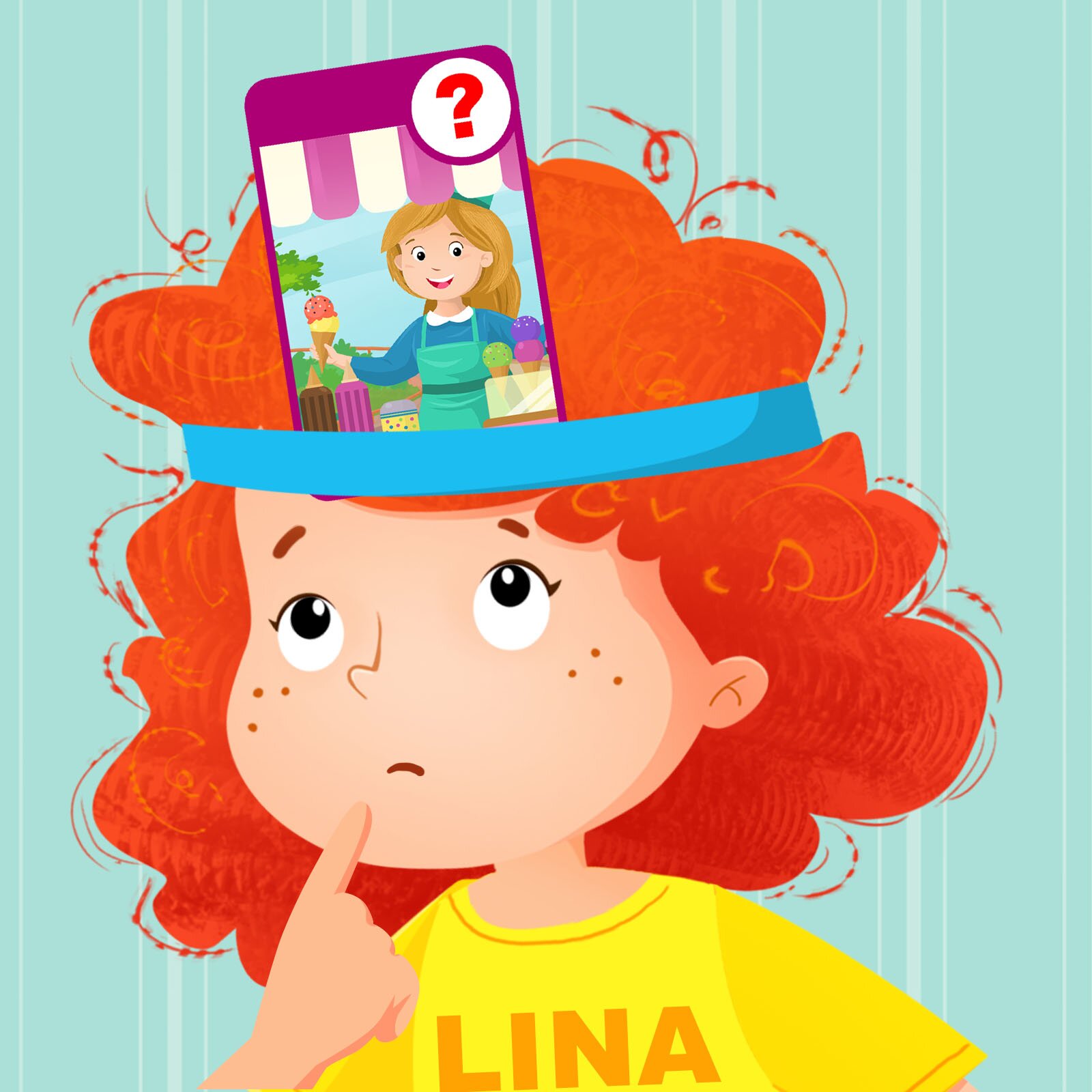 Ilustracja przedstawia dziewczynkę, która ma na czole kartę przedstawiającą sprzedawczynię lodów. Obok postaci widoczny jest czerwony znak zapytania.